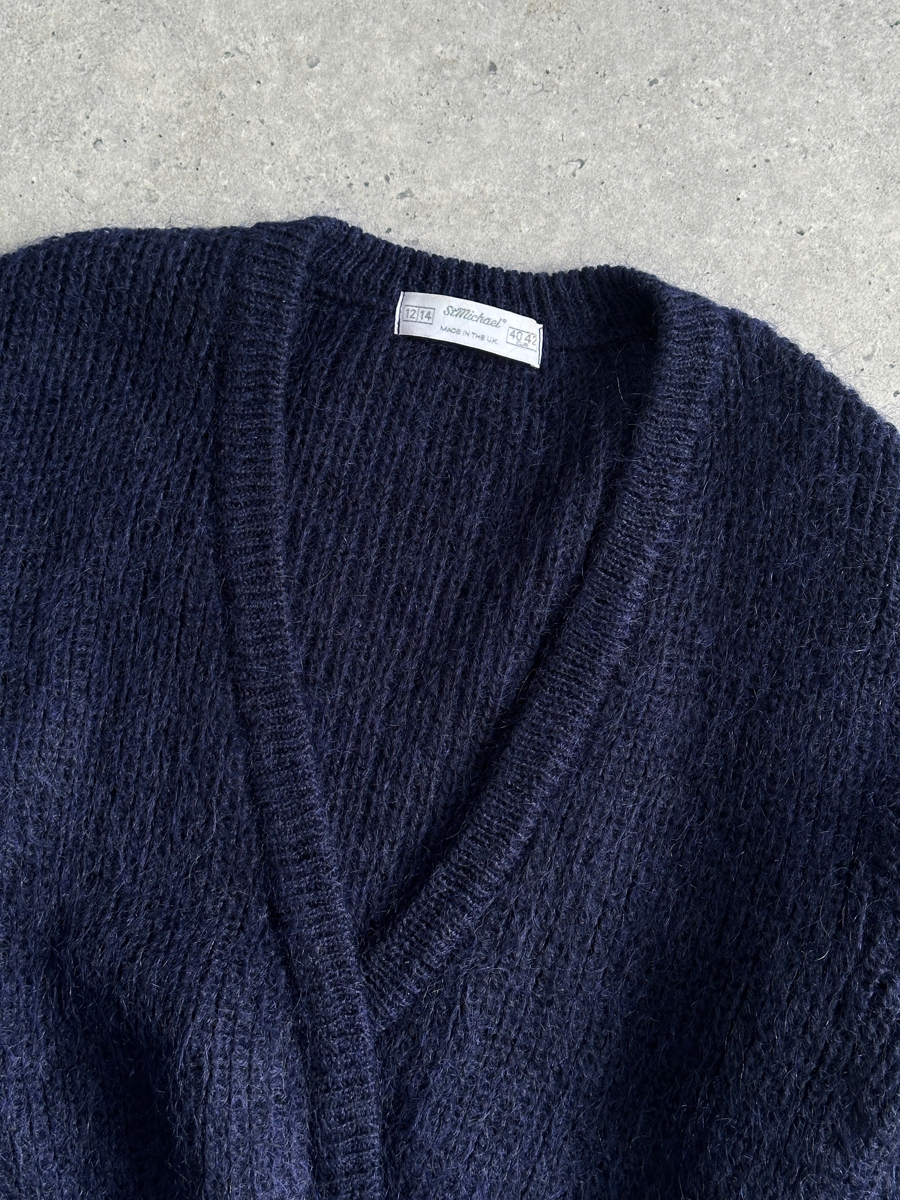 St Michael British Mohair double-breasted cardigan in size M, featuring a soft, textured knit and classic design.