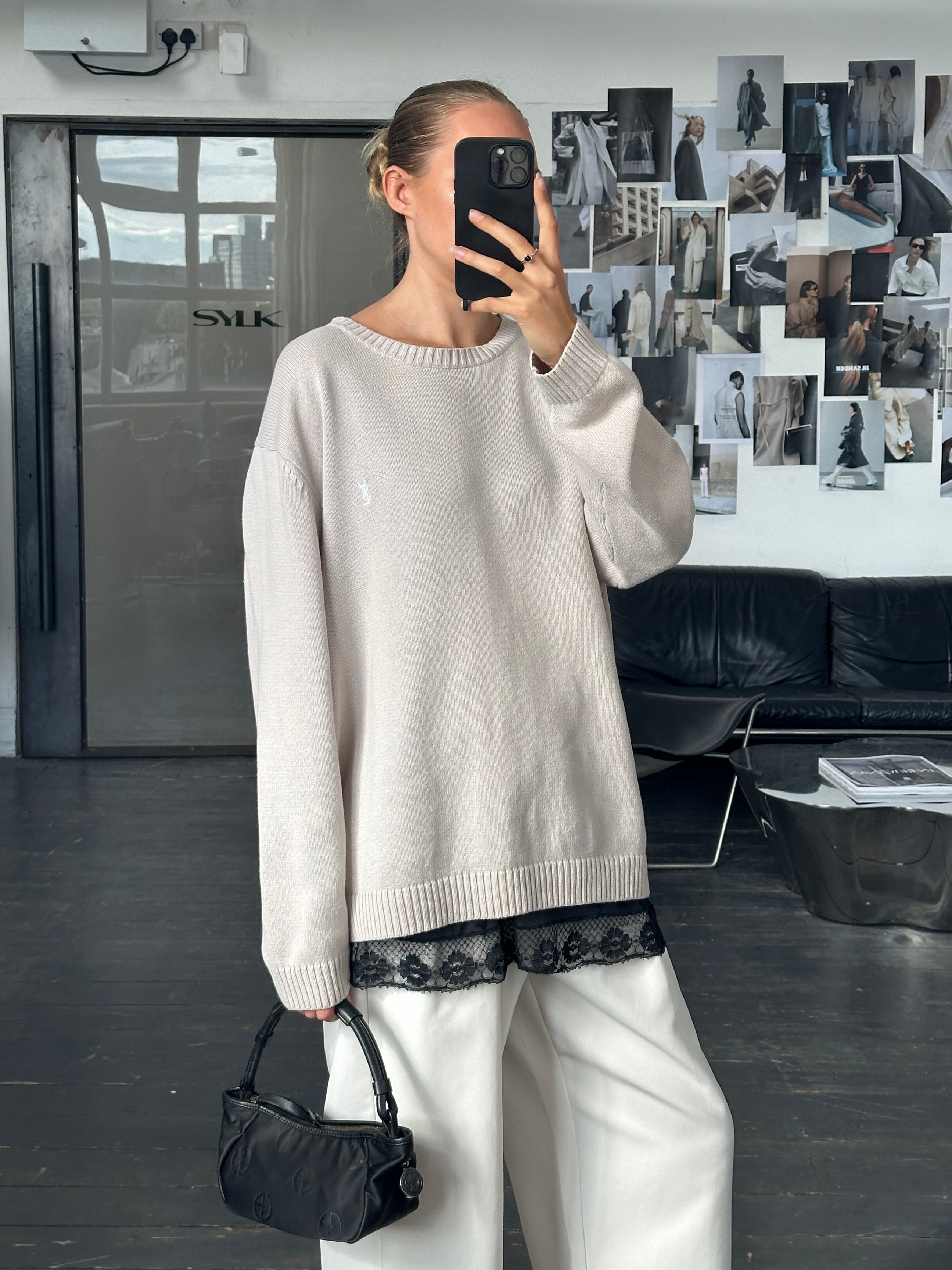 Yves Saint Laurent Pour Homme 2000s pure cotton knitted logo jumper in XL, featuring the iconic YSL logo on the front.