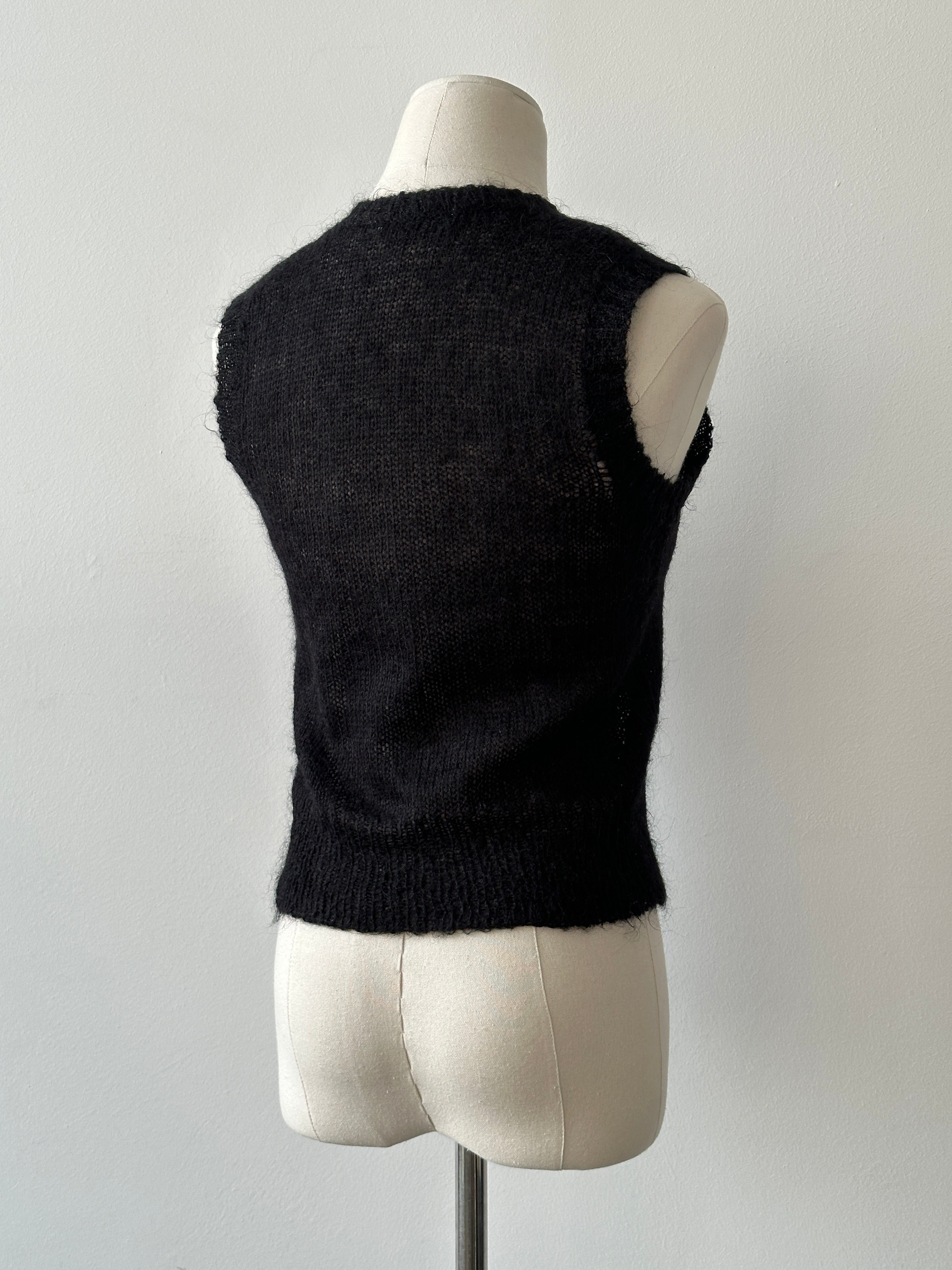 Vintage 1990s mohair V-neck top in beige, size small, featuring a soft, textured knit fabric and classic style.