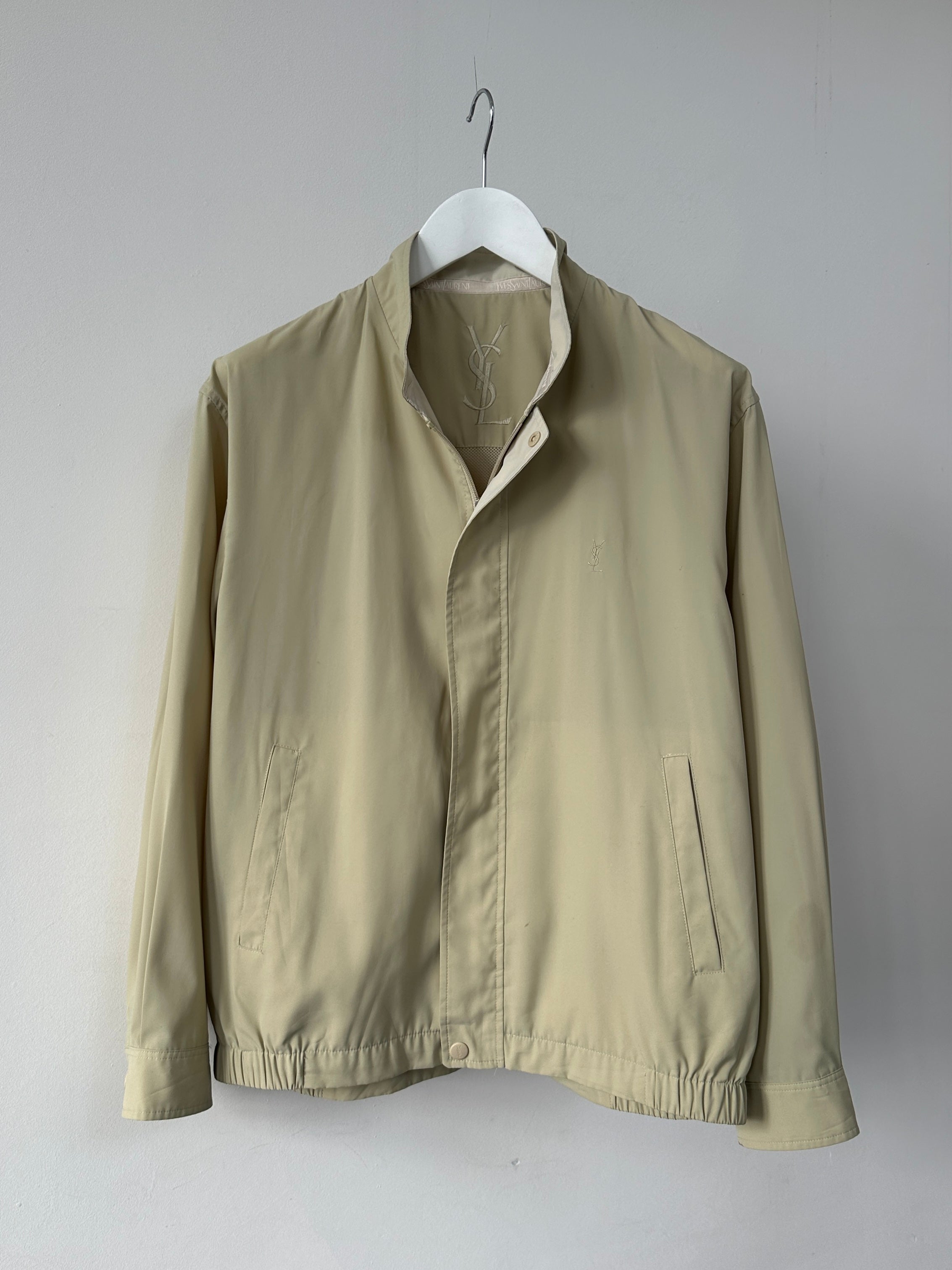 Yves Saint Laurent Pour Homme logo bomber jacket in black, size M/L, with front zipper, ribbed cuffs, and logo details.