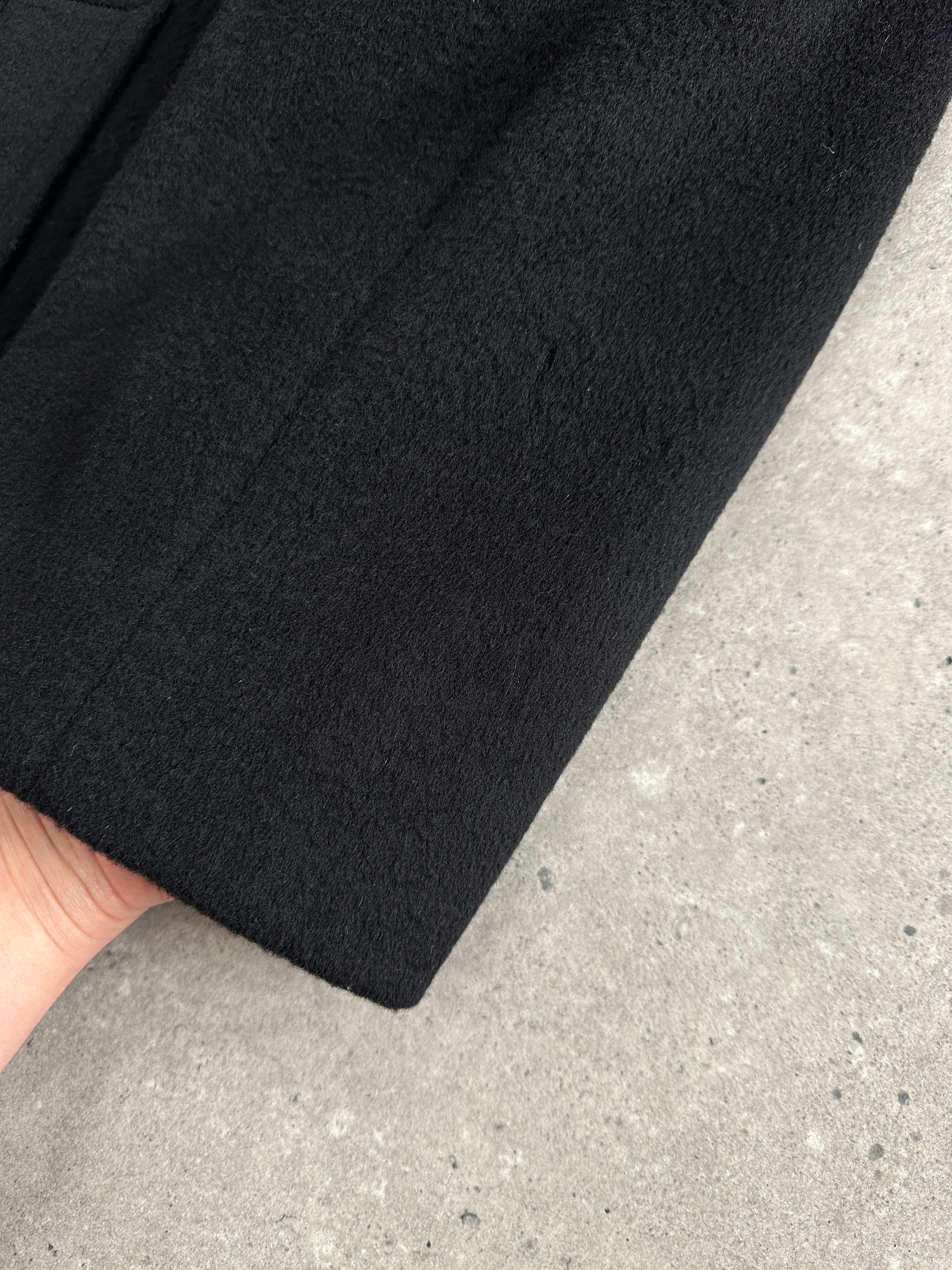 Pierre Cardin 1990s pure wool double-breasted coat in XXL, showing classic tailored style and textured fabric.