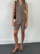 Vintage Silk Linen Waistcoat Shorts Two Piece Suit Set - S W26 - SYLK