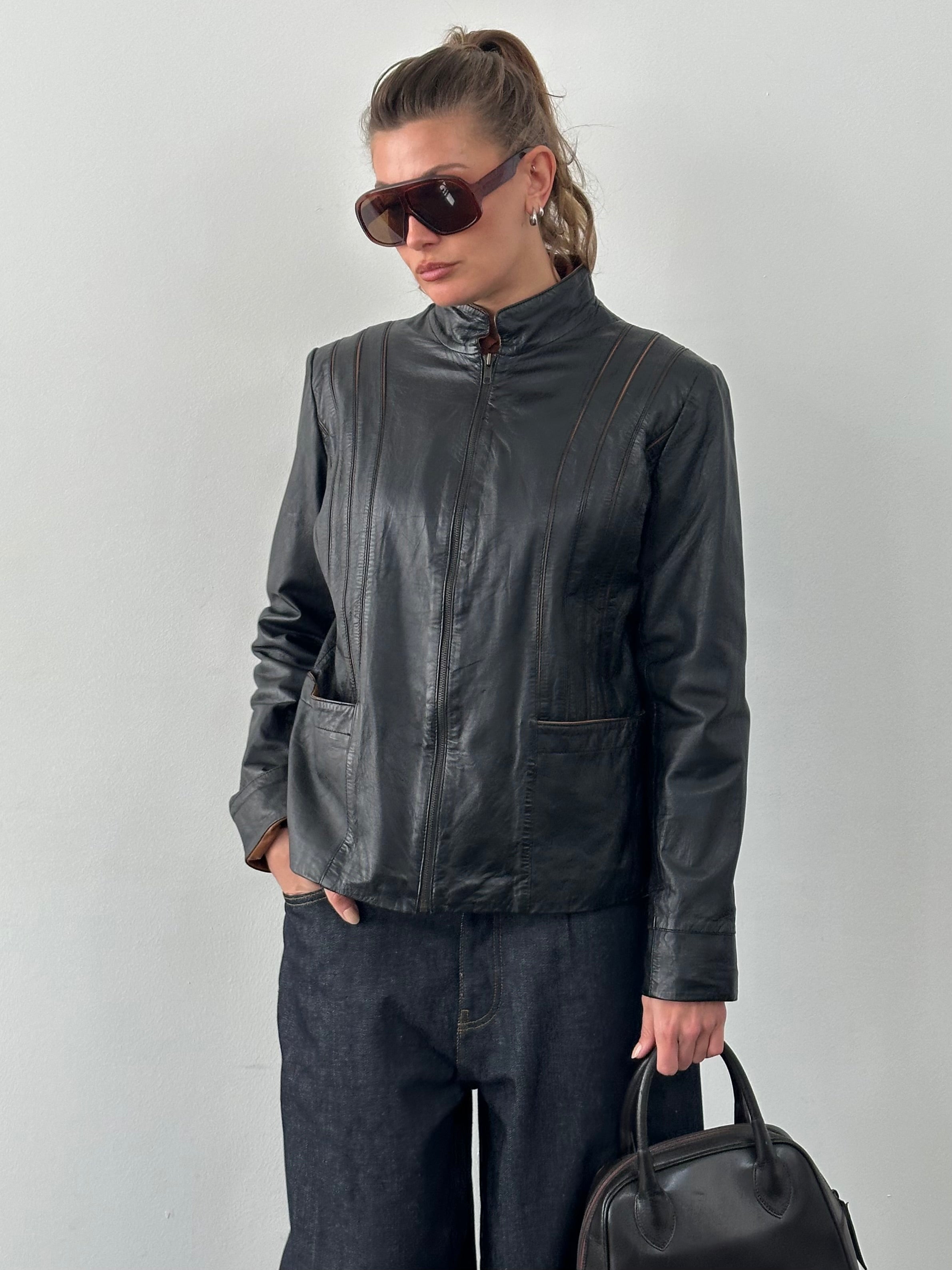 Vintage 1990s High Neck Leather Jacket - M-L