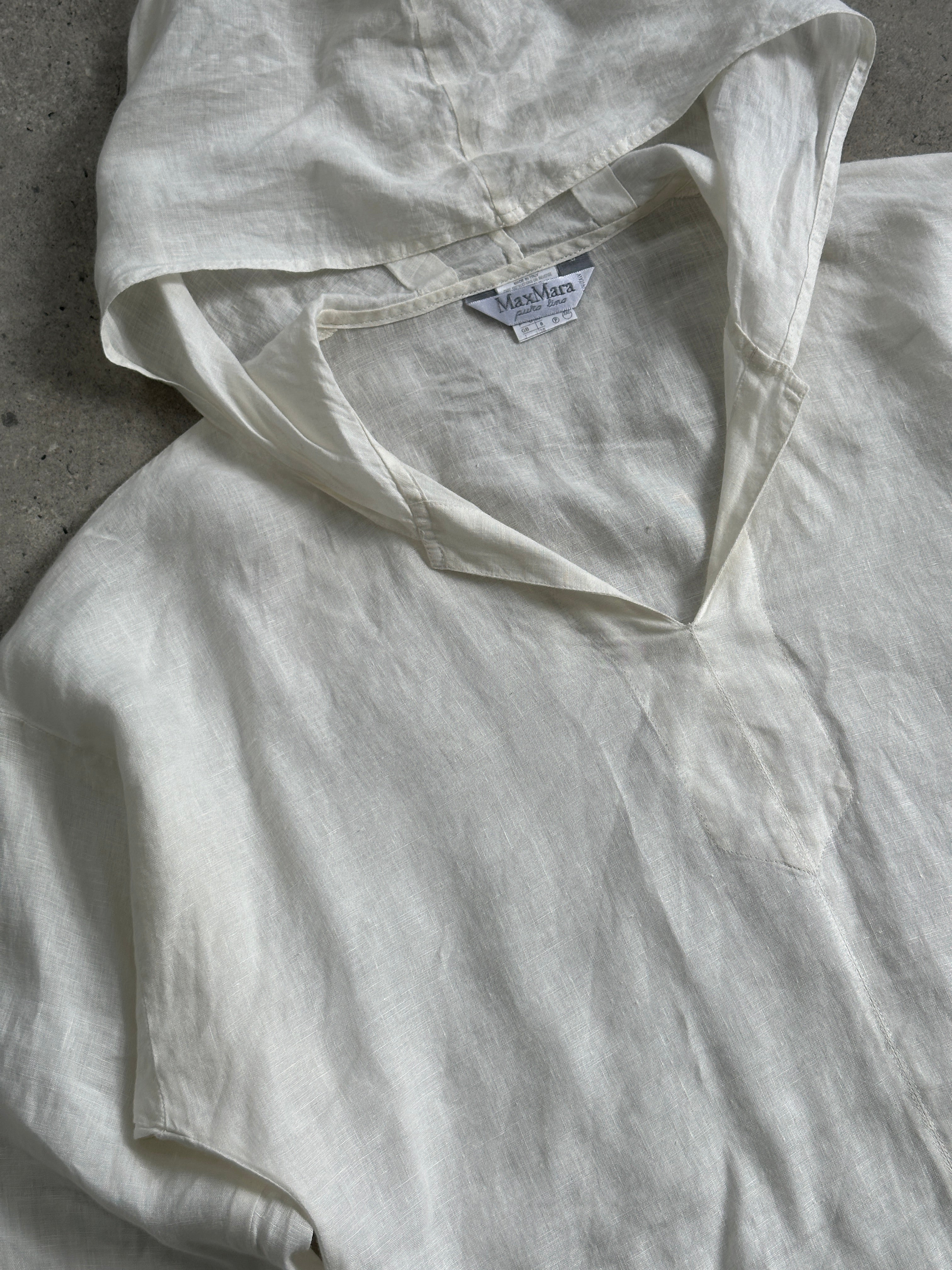 Max Mara pure linen hooded tank top in S/M, lightweight and casual with a hood, displayed flat on a white background.
