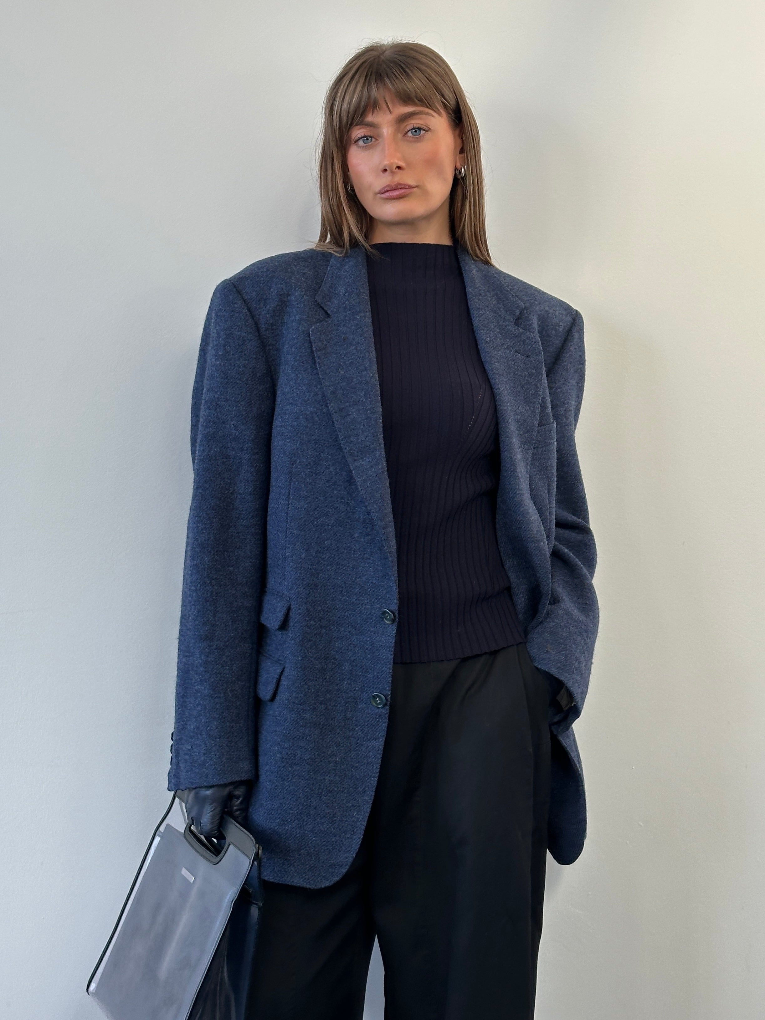 Burberry 1990s pure brushed wool blazer in size 44R/XL, tailored fit with classic check pattern and structured design.