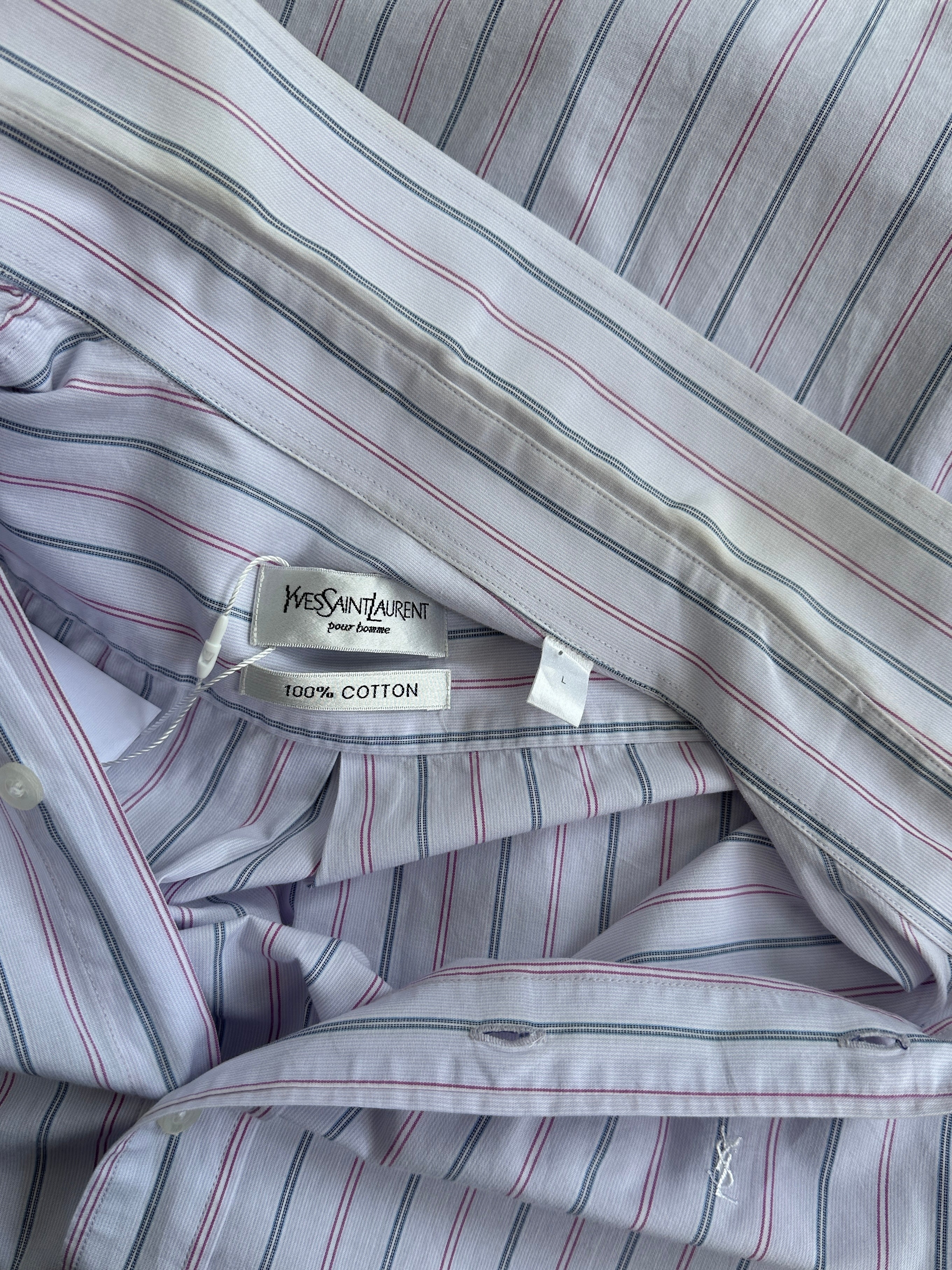 Yves Saint Laurent Pour Homme stripe pure cotton logo shirt in size XL, featuring a classic striped design and brand logo detail.