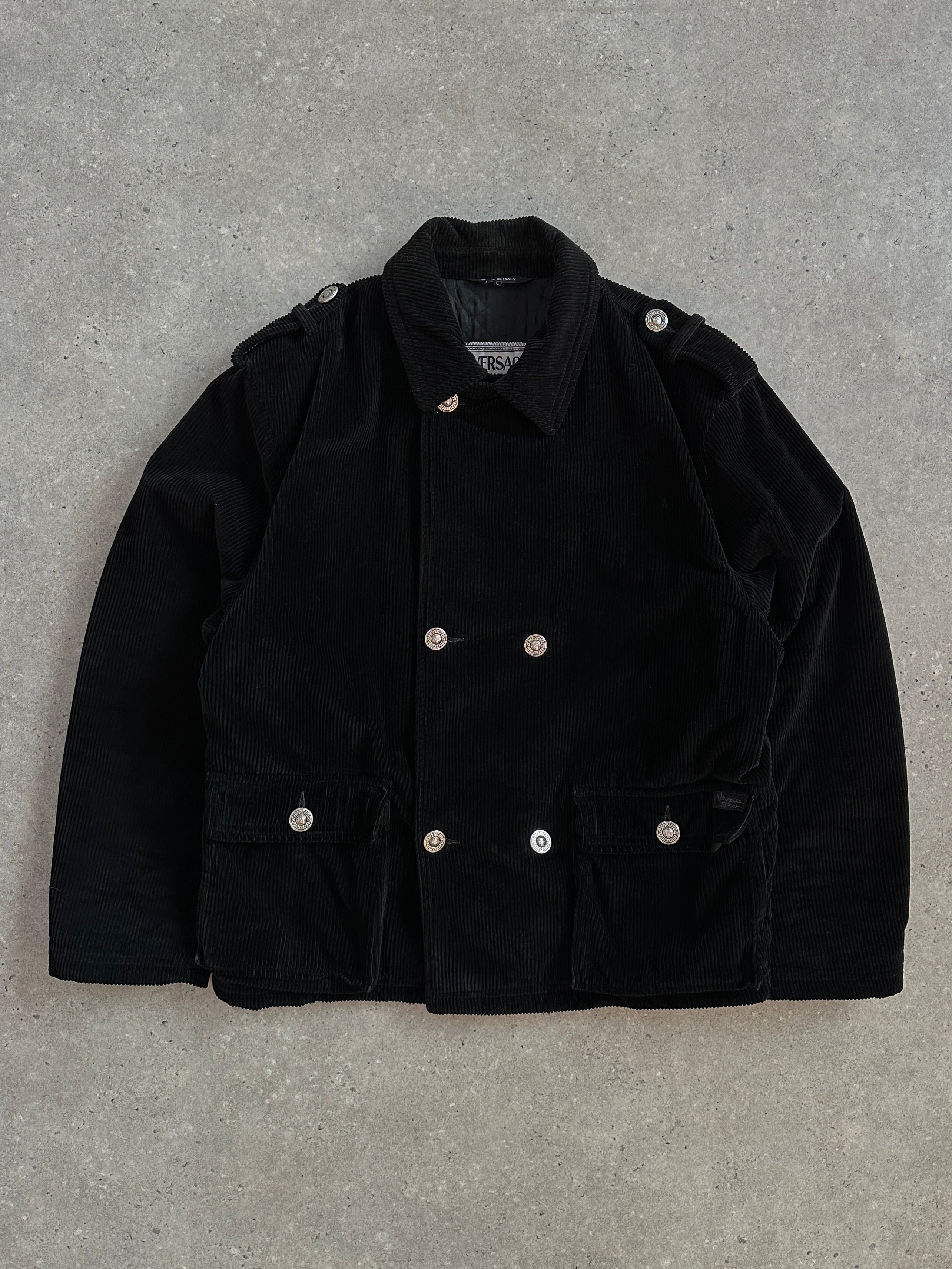 Versace Sport 1990s bespoke Medusa button corduroy double-breasted coat, XL size, featuring iconic Medusa detail and tailored fit.