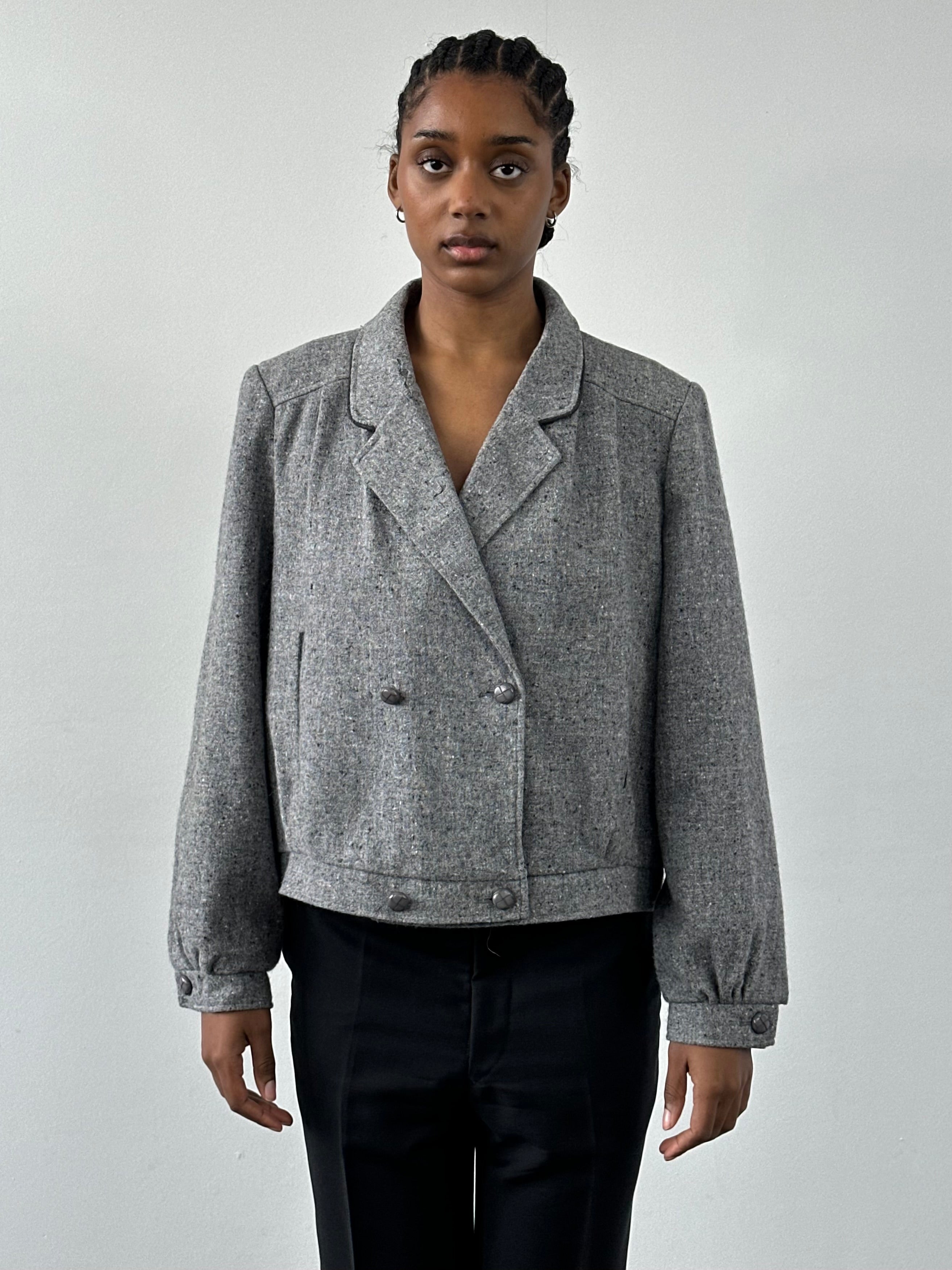 Vintage British 1980s pure wool bomber jacket, men's size M, classic vintage style with a tailored fit and ribbed cuffs.