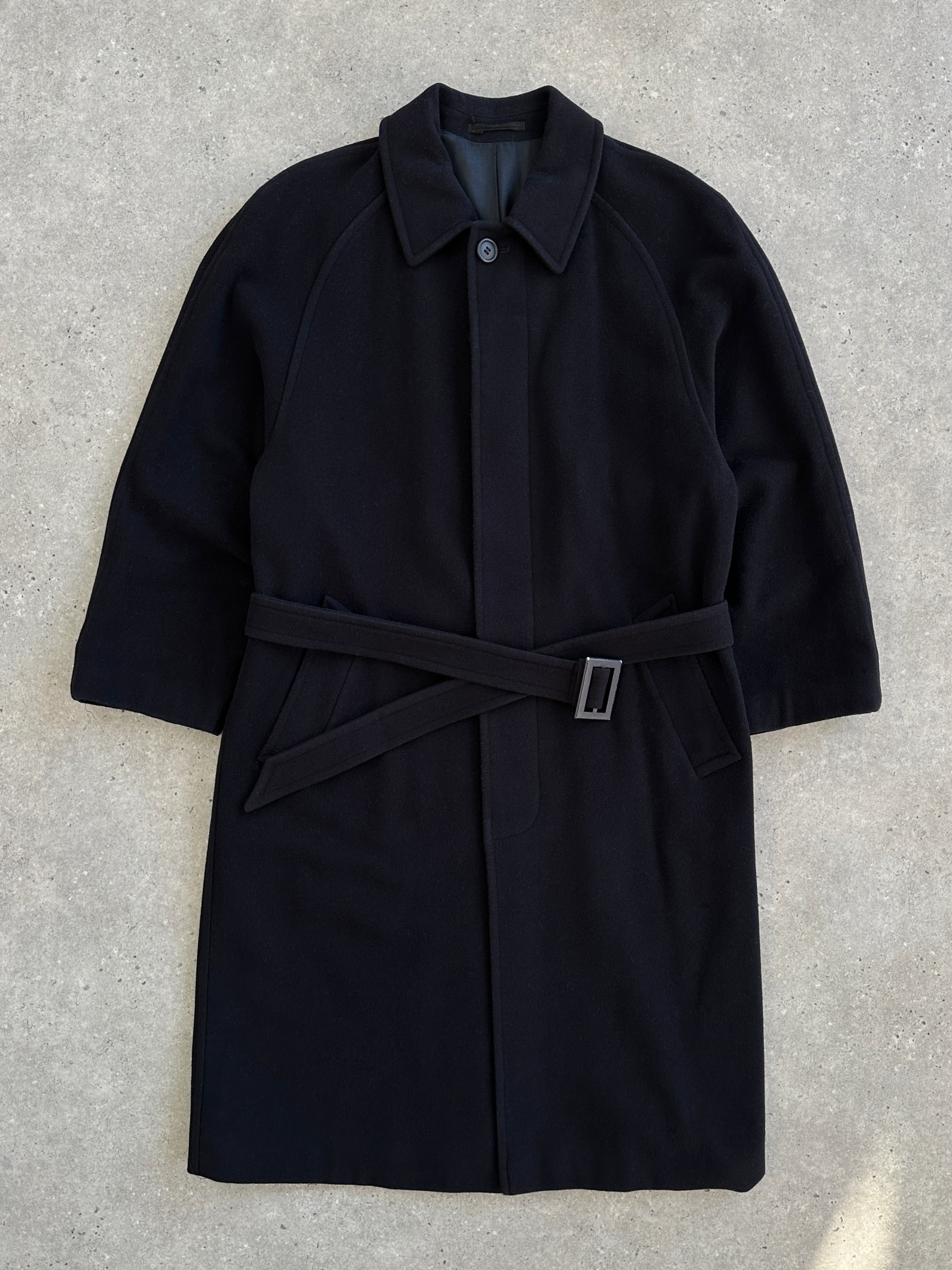 Vintage 1990s wool and cashmere belted coat in size L/XL, featuring a classic design and textured fabric.