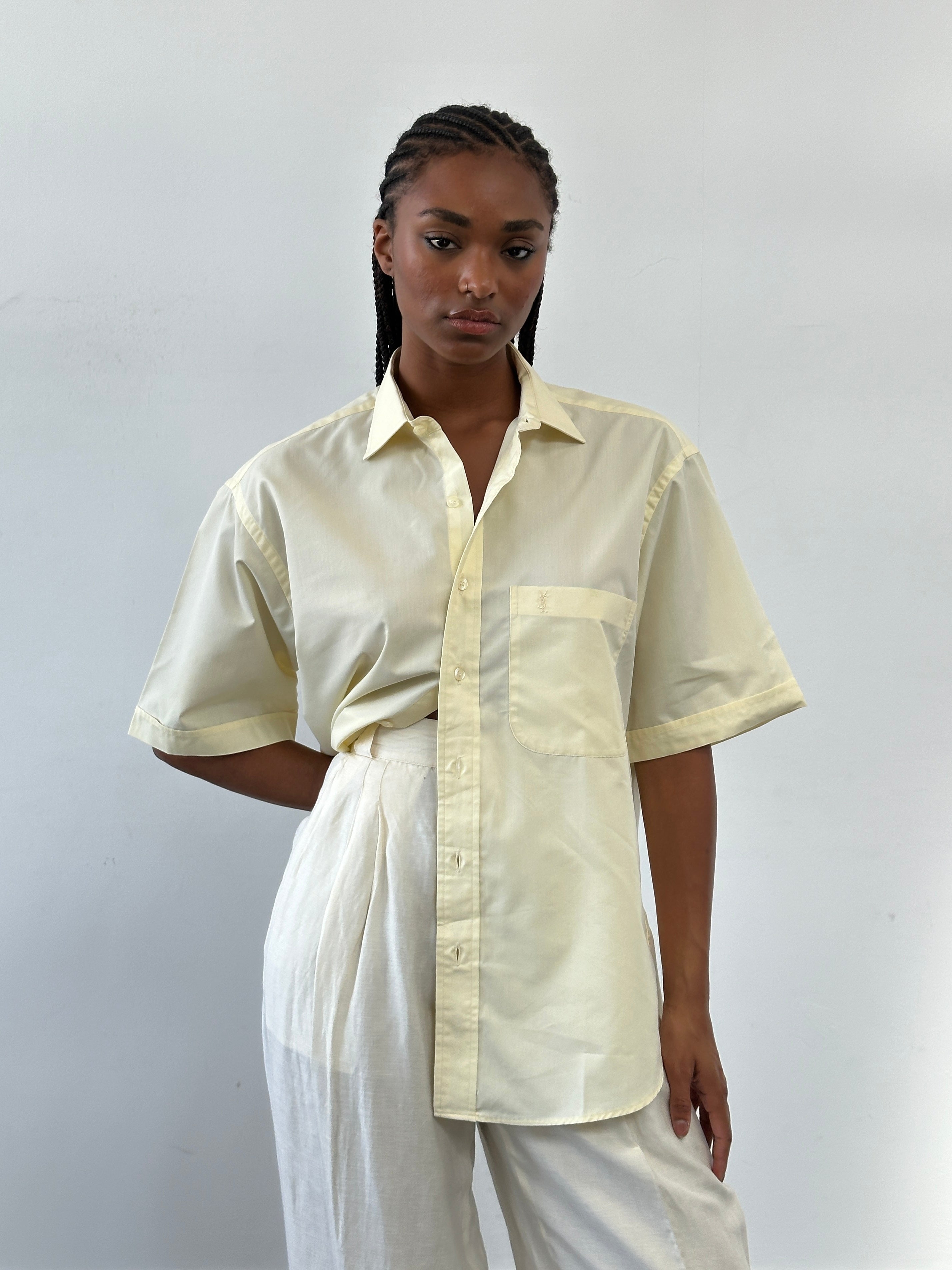 Yves Saint Laurent Pour Homme 1990s cotton short sleeve logo shirt in size L, featuring the classic YSL branding on the front.