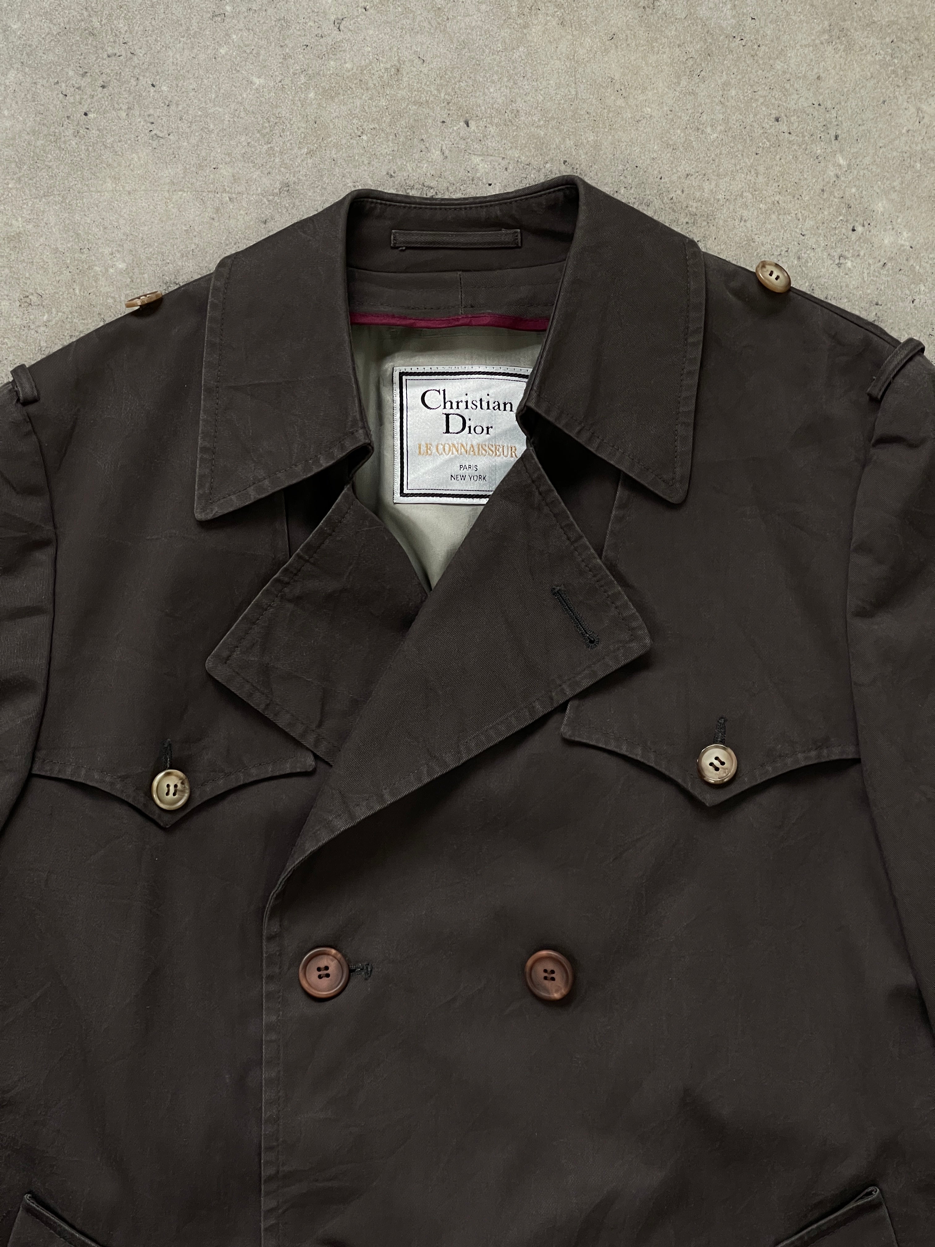 Christian Dior Le Connaisseur 1980s cropped cotton belted trench coat, black, with wide lapels and waist belt, vintage style.