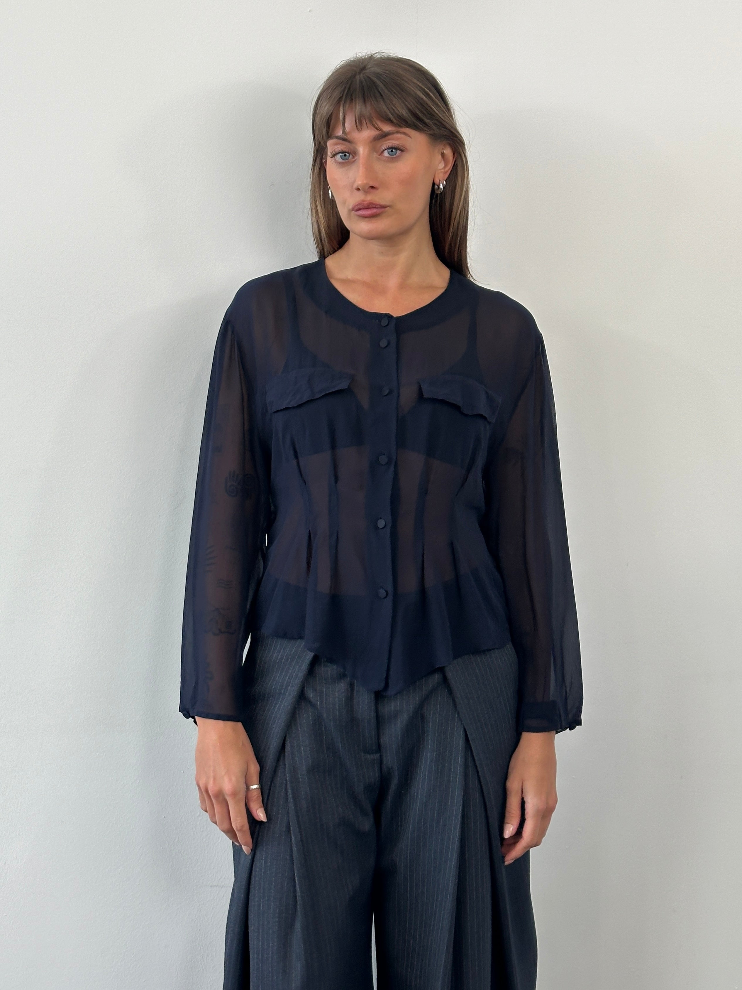 Vintage 1990s pure silk sheer shirt, size M, featuring lightweight, translucent fabric and classic design.