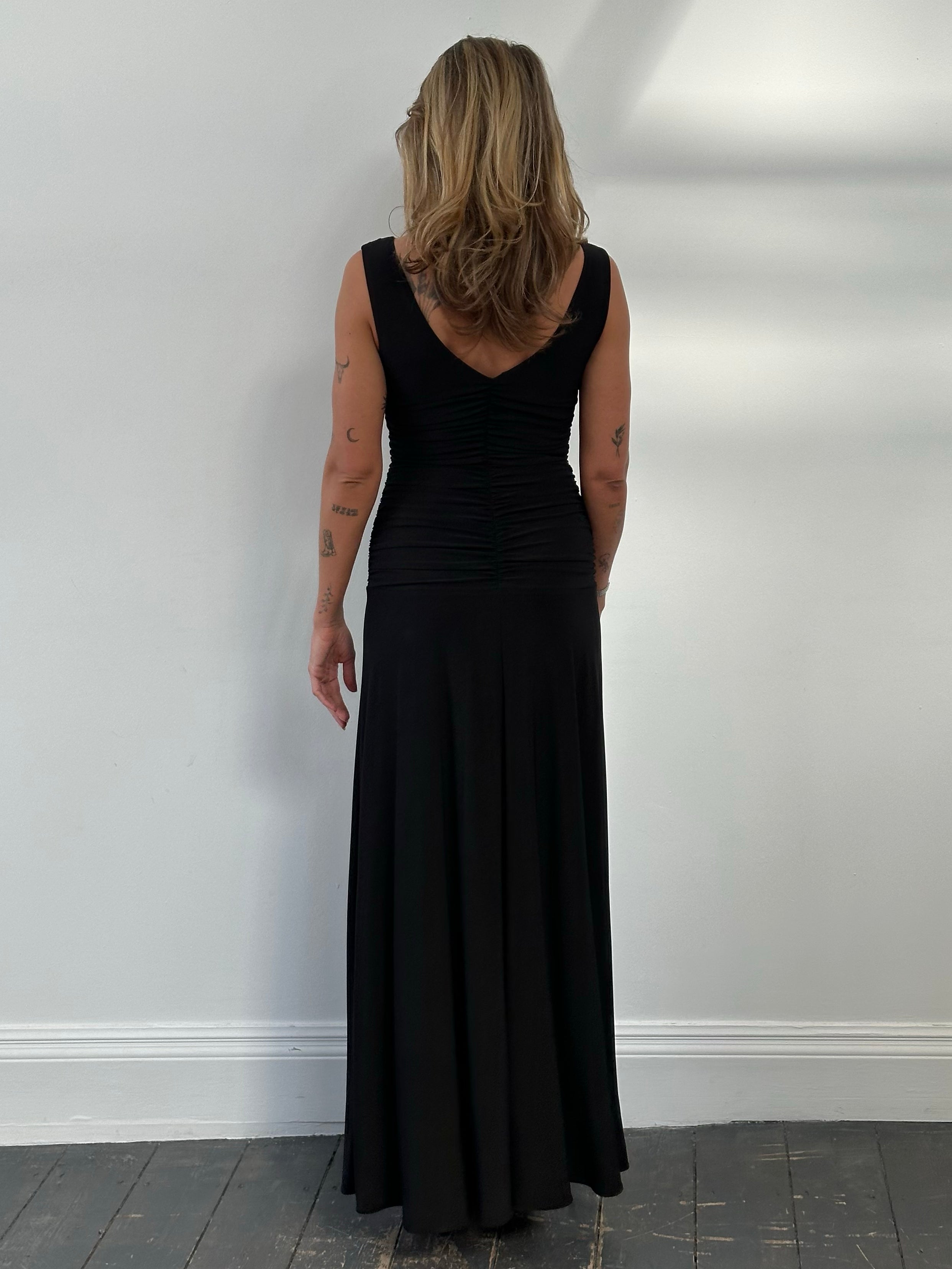 Vintage 1990s cowl neck floor-length fitted dress, size S-M, elegant retro fashion with a classic silhouette.