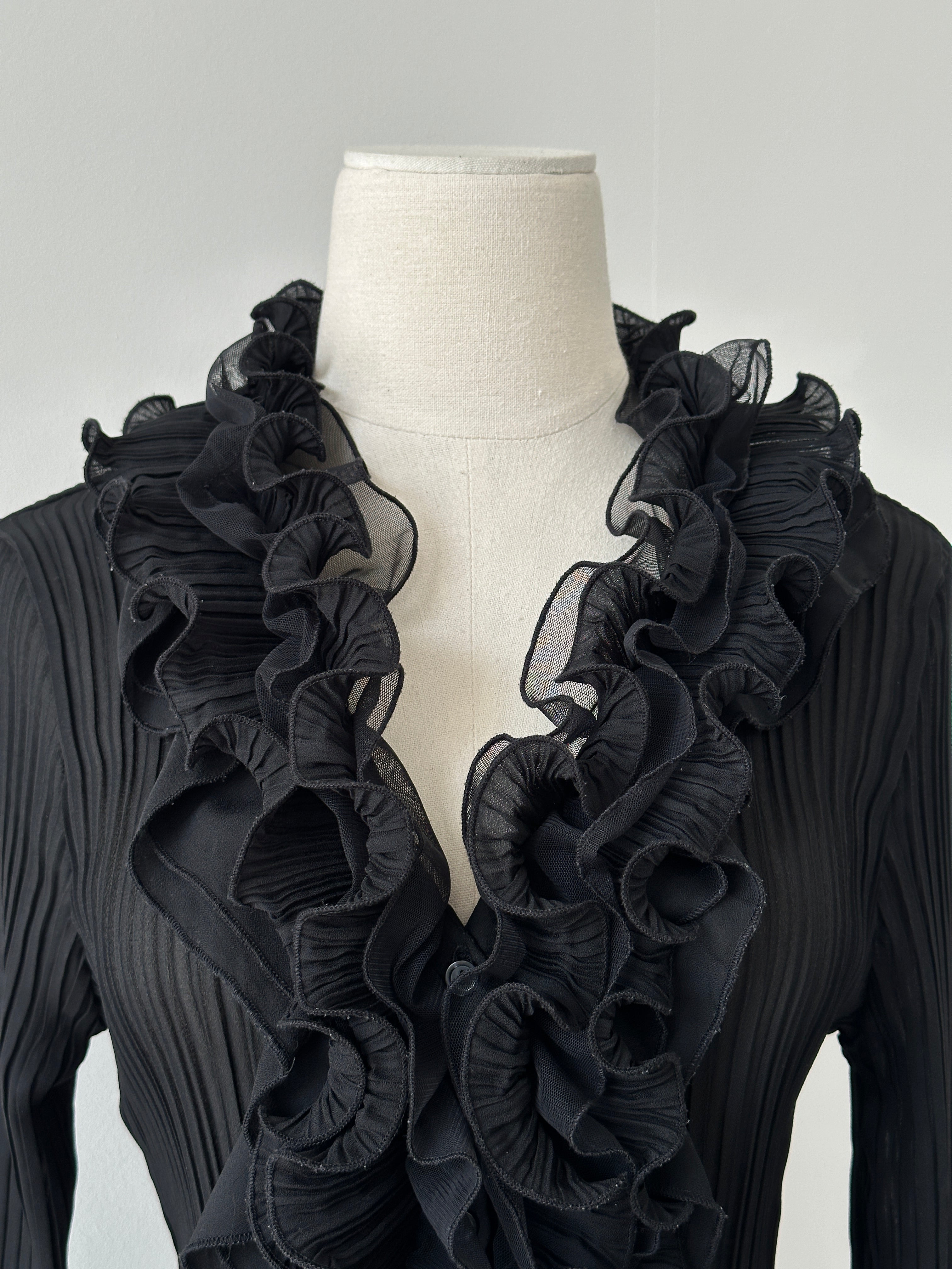 Vintage 1990s Pleated Sheer Ruffle Shirt - M