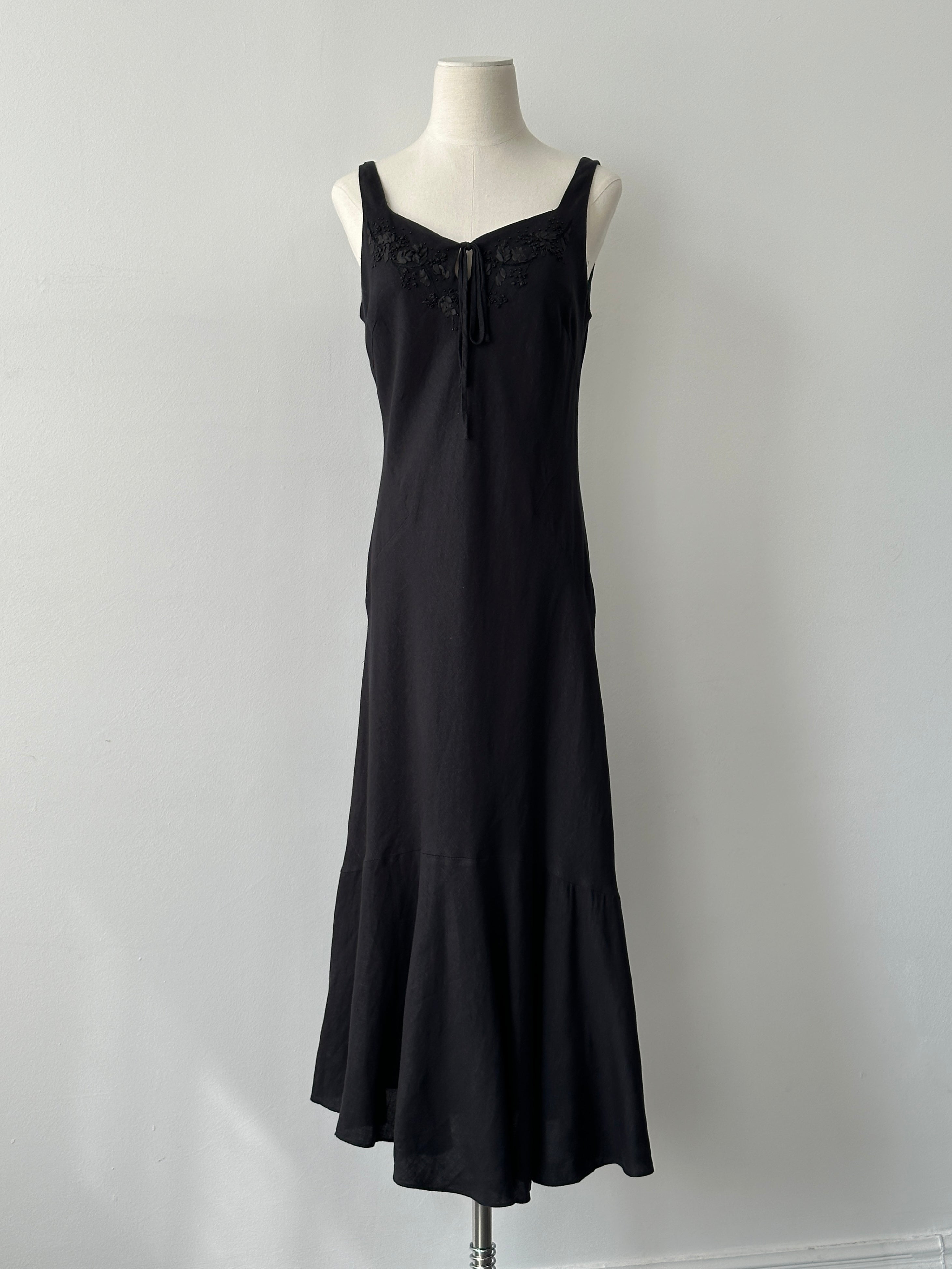 Vintage 1990s Linen Beaded Floor Length Dress - S