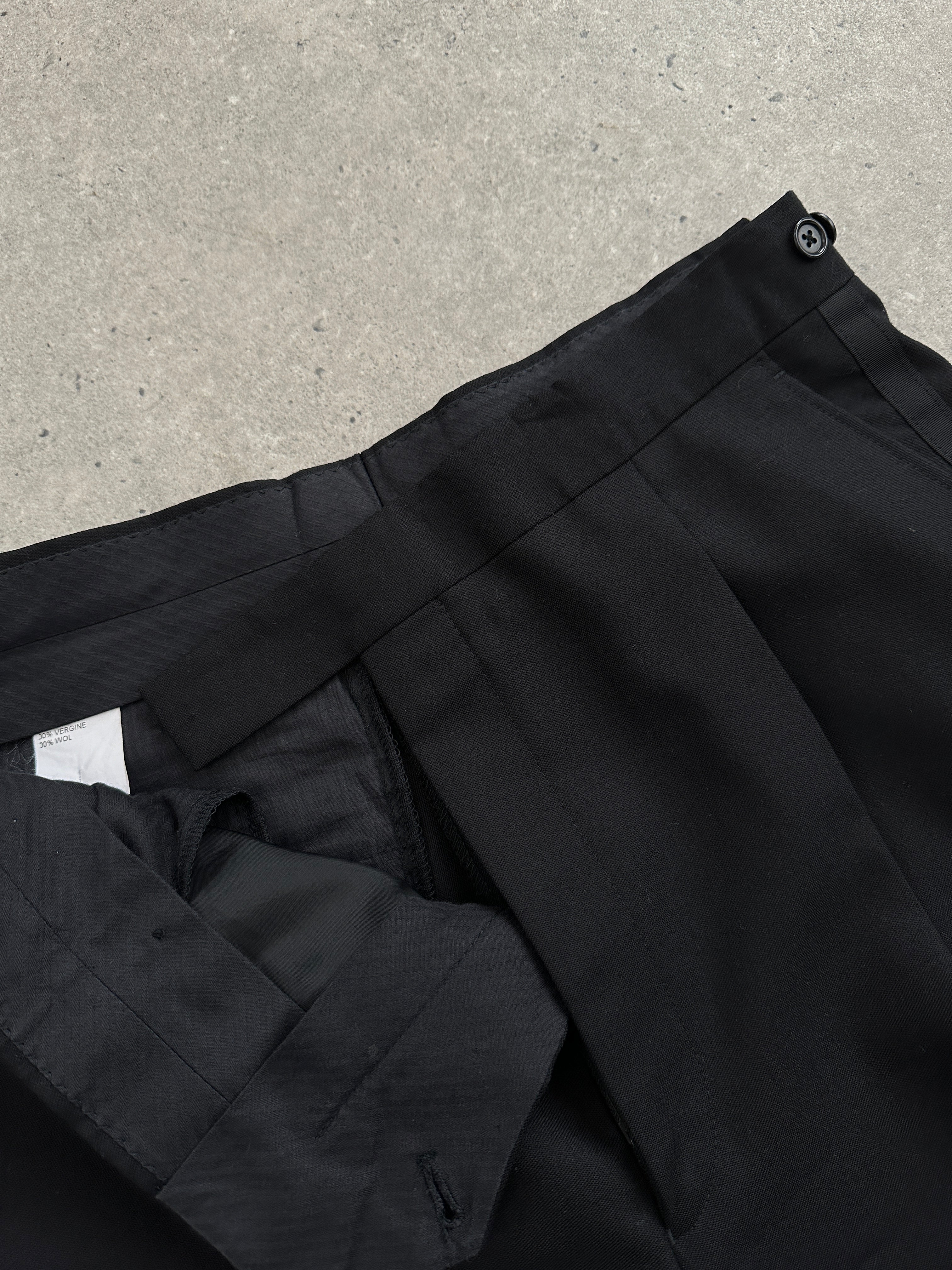 Vintage brand men's vintage tuxedo pure wool straight leg trousers in waist size W30-32, laid flat on a white background.
