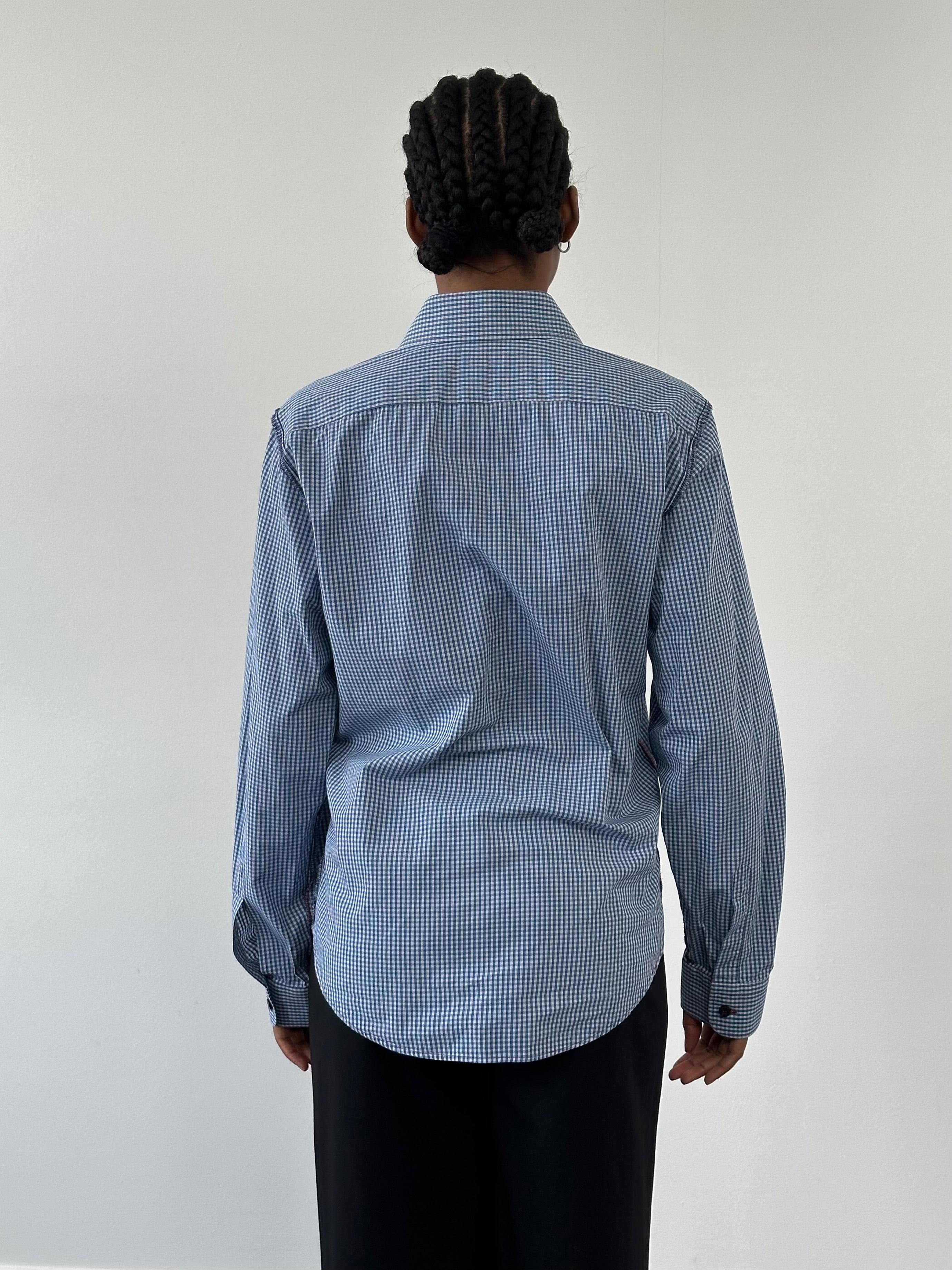 Armani Jeans 2000s pure cotton gingham reverse stitch shirt in size M, featuring classic plaid pattern and button-up design.