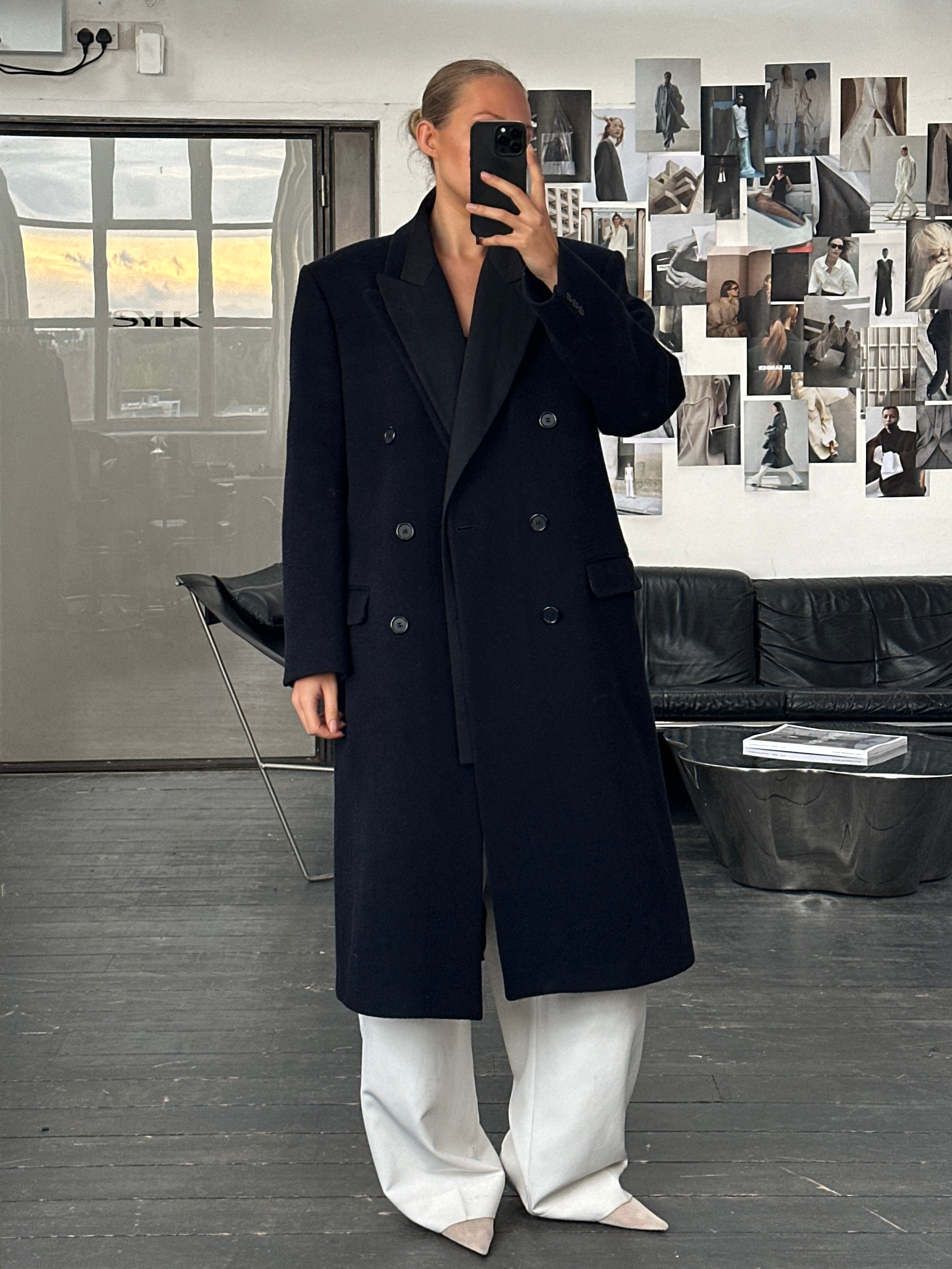 Vintage British 1990s wool cashmere double-breasted coat in XL, featuring classic design and tailored fit.