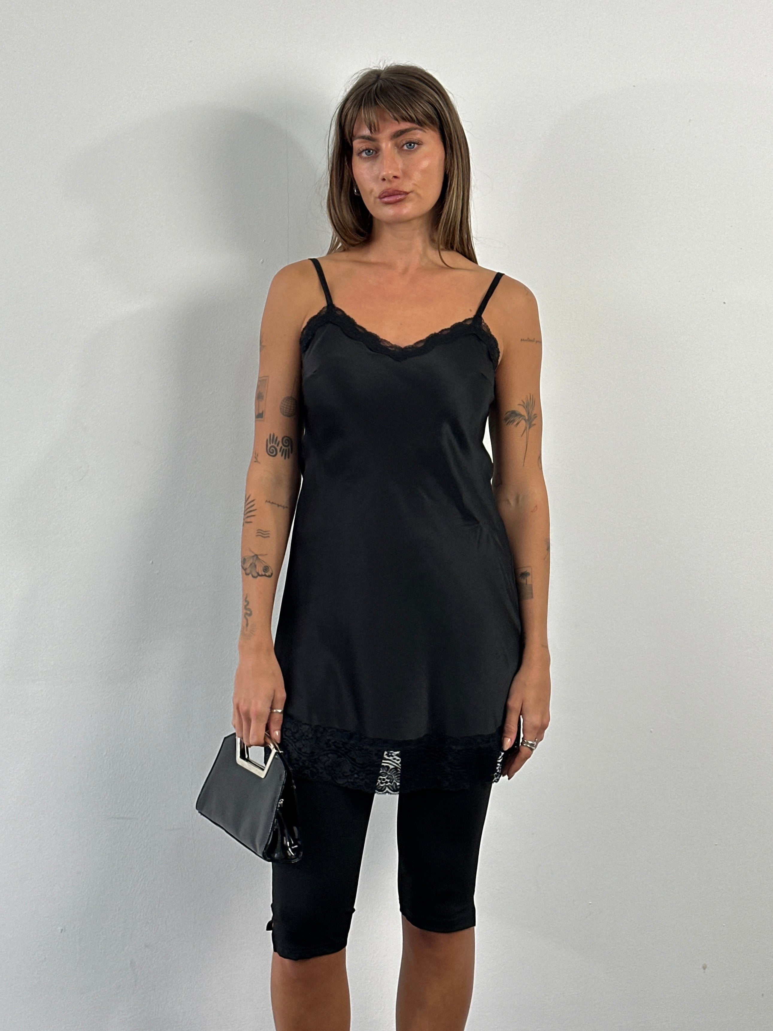Vintage 2000s lace mini satin slip dress in size S, featuring delicate lace details and a smooth satin fabric.