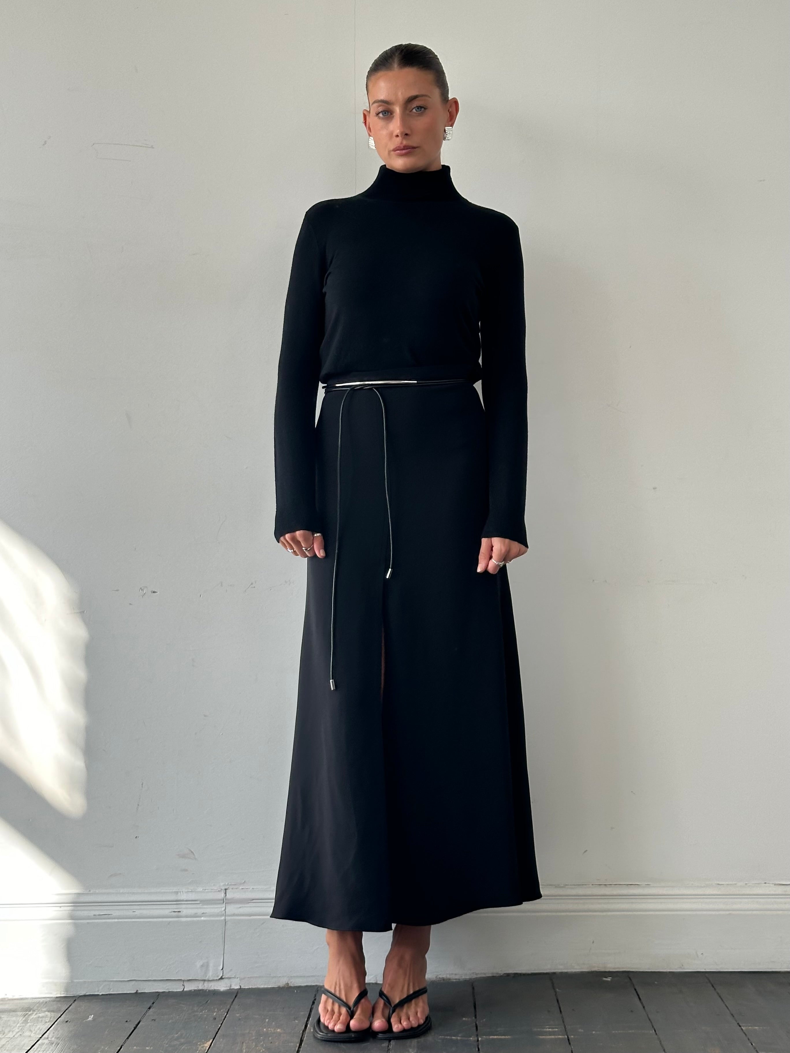 Giorgio Armani SS2023 pure silk split front A-line maxi skirt in W26, showcasing elegant fabric and stylish design.