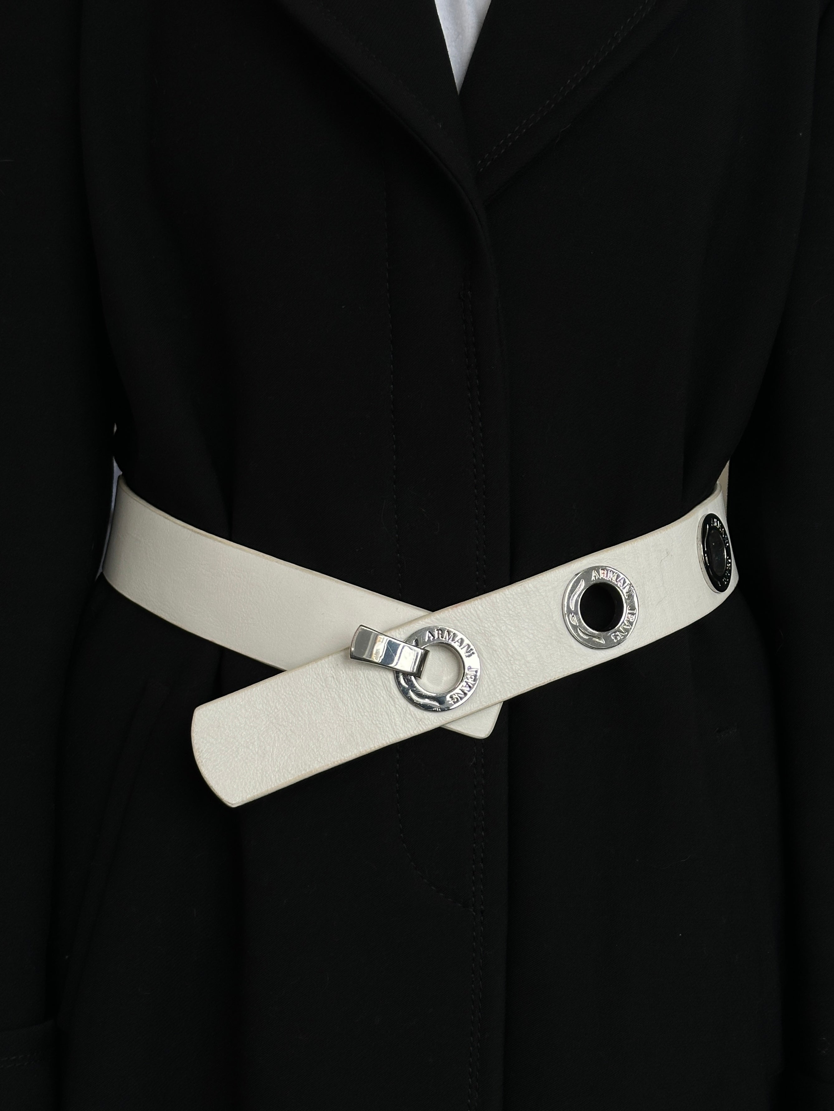 Armani Jeans silver leather belt with eyelet logo buckle, size W26-32, featuring stylish hardware and premium leather finish.