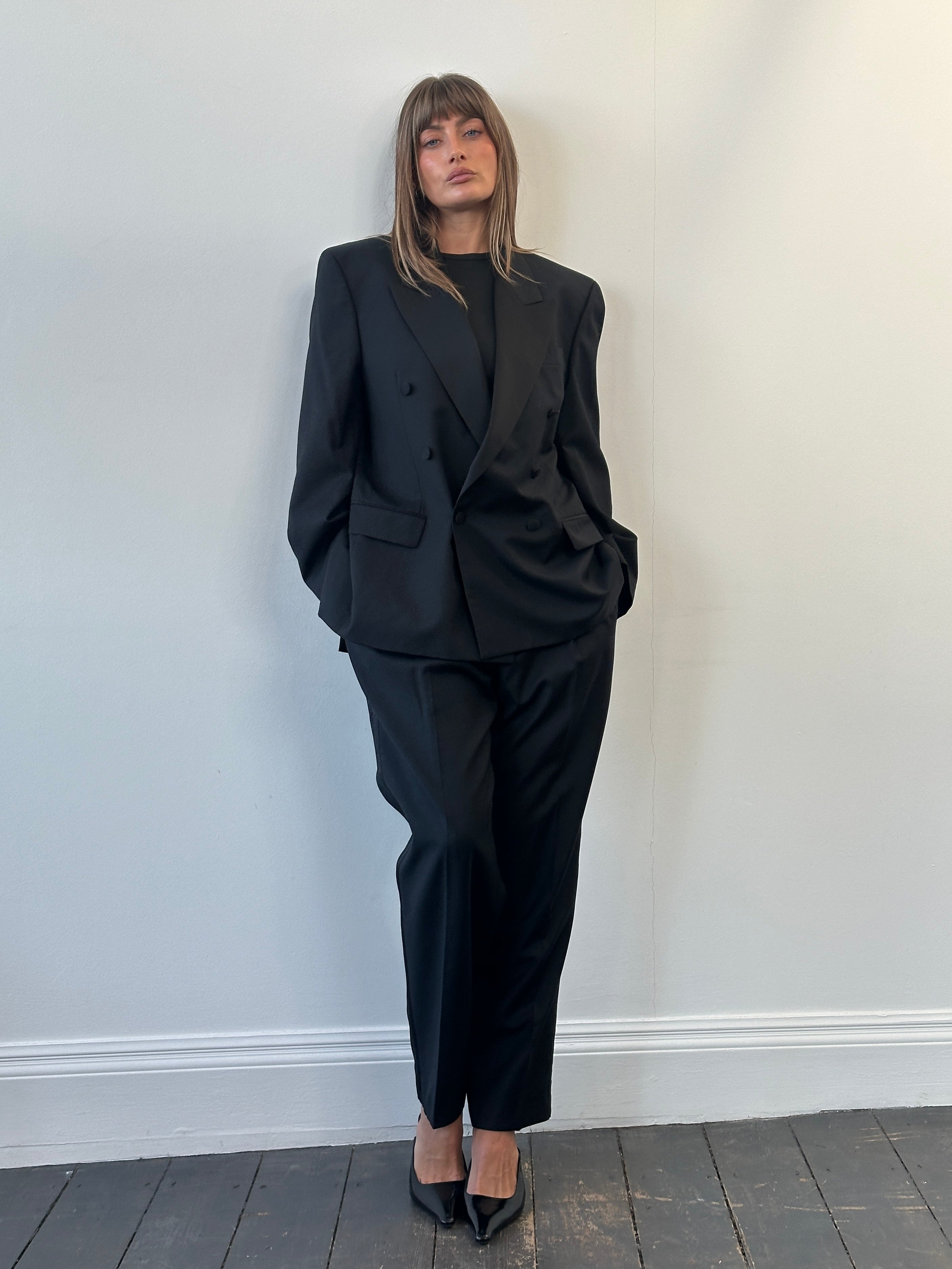 Pierre Cardin 1990s men's tuxedo suit, double-breasted pure wool, size 42S, tailored fit, classic formal wear.
