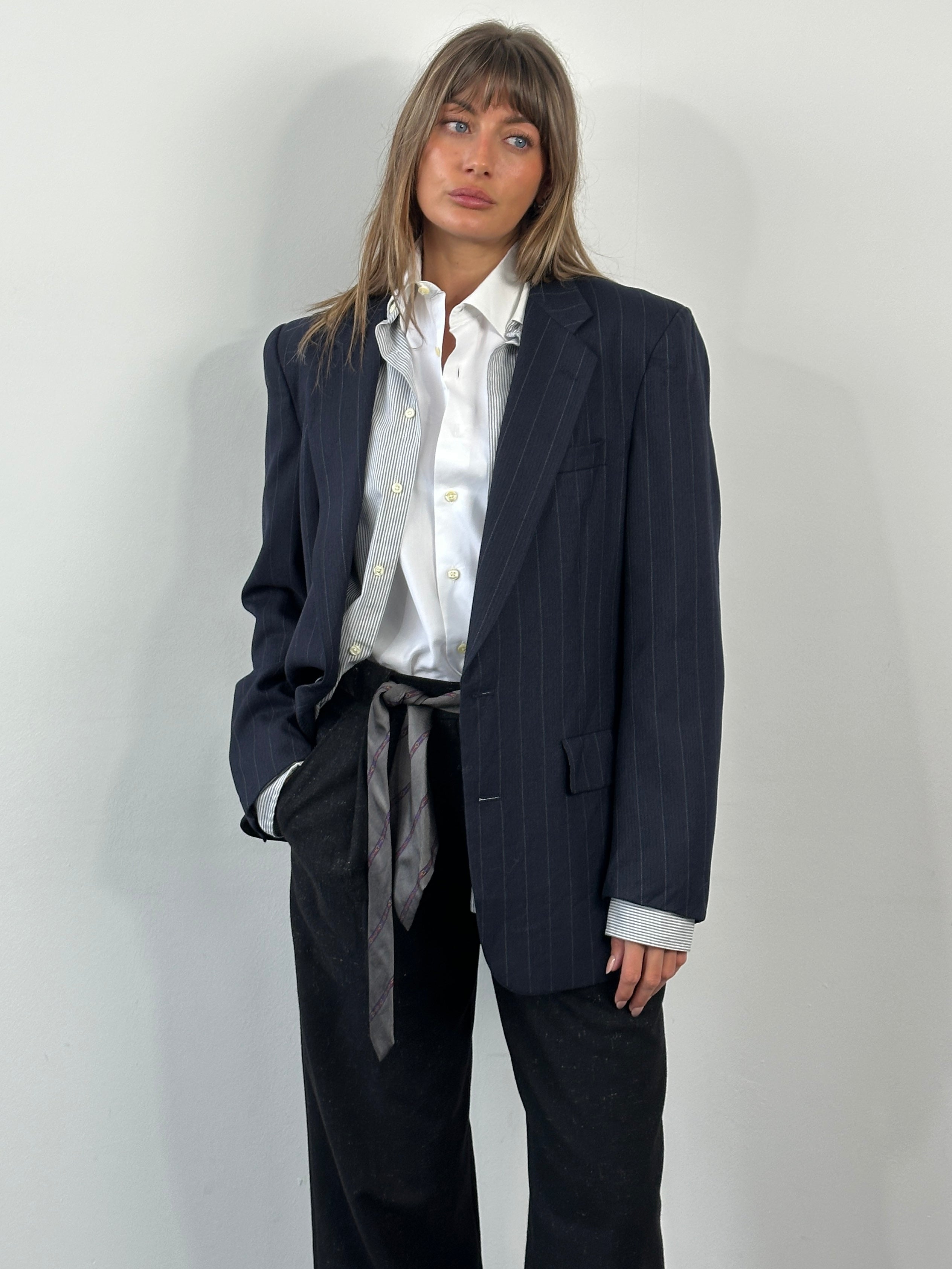Christian Dior Le Connaisseur 1980s pure wool striped blazer, 41R/L, featuring classic tailored fit and bold stripe pattern.