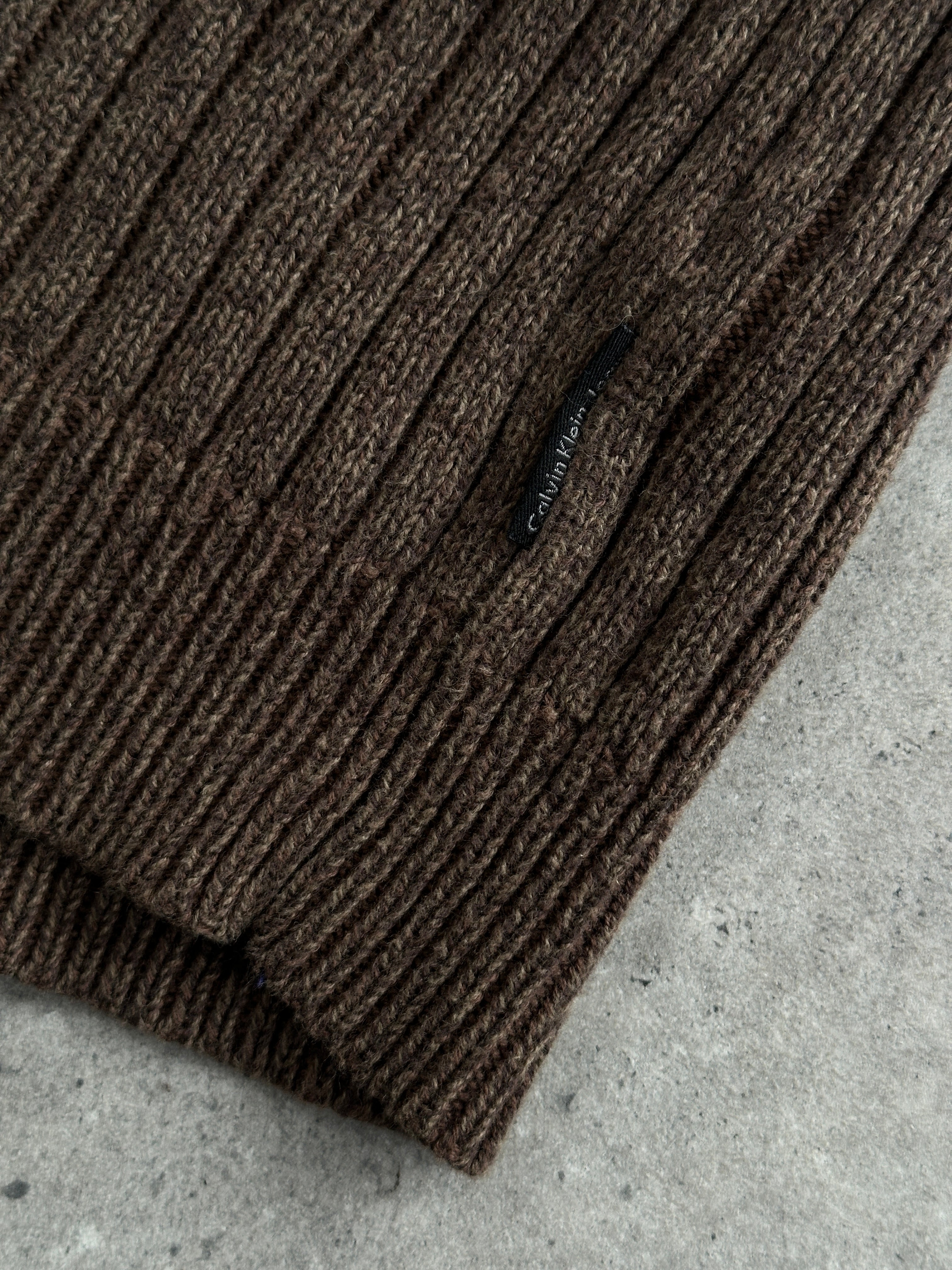 Calvin Klein Jeans 2000s pure cotton ribbed half-zip sweater in XL, featuring a high collar and textured knit pattern.