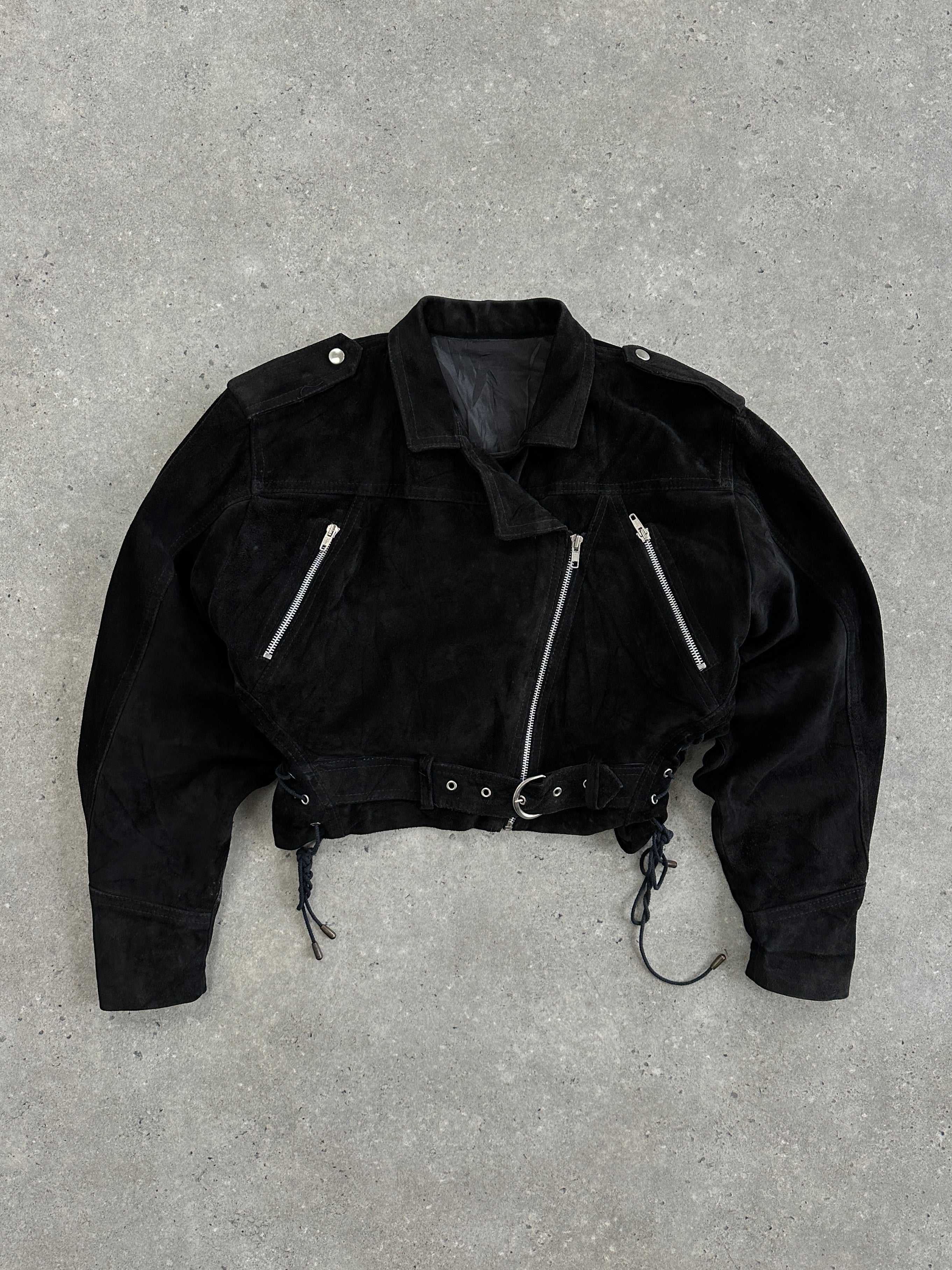 Vintage French 1980s suede cropped biker jacket with distressed leather finish, in size S/M, stylish retro motorcycle-inspired design.