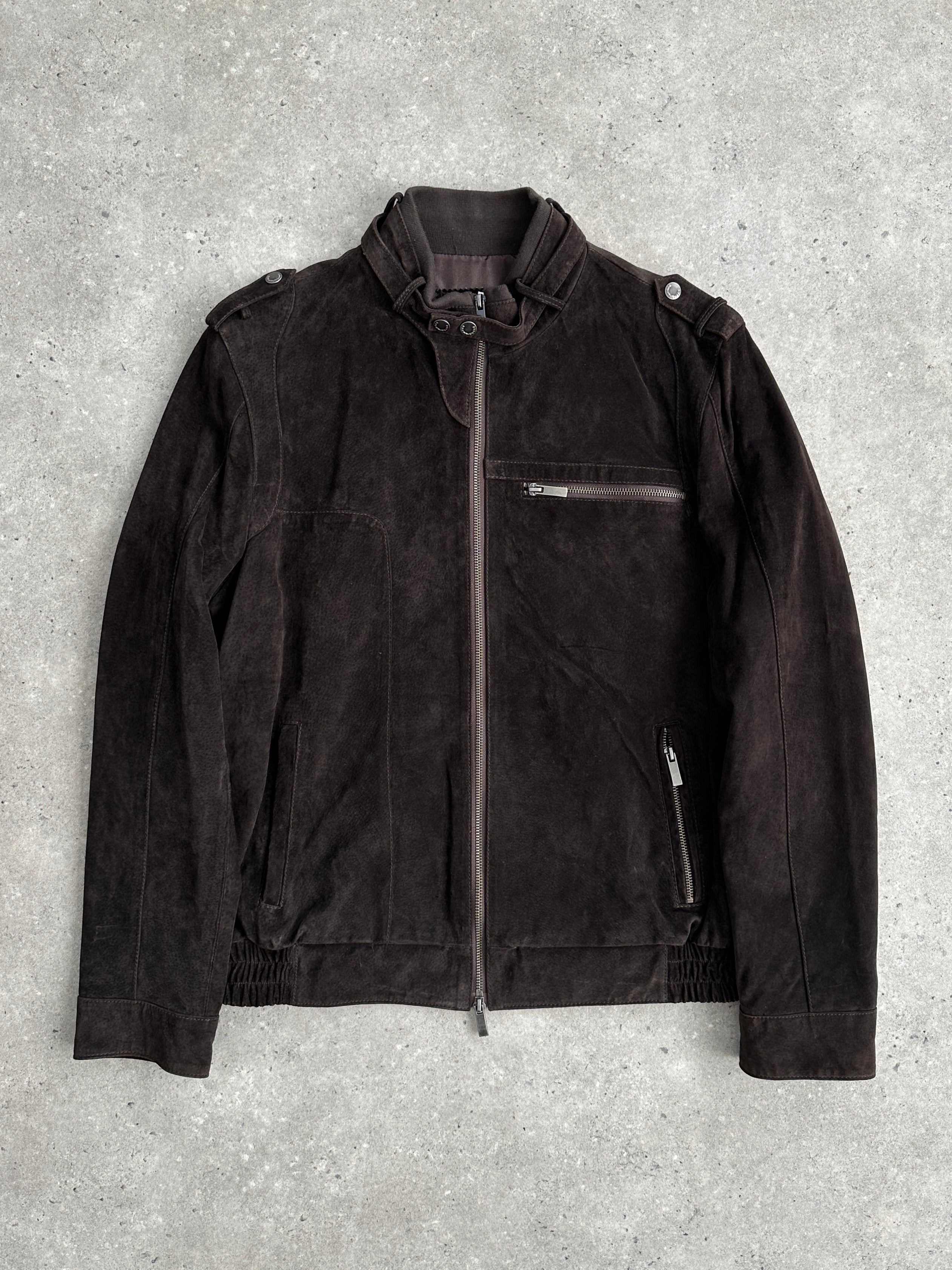 Vintage Italian double zip moto suede jacket in size M, featuring classic design with double zippers and soft suede material.