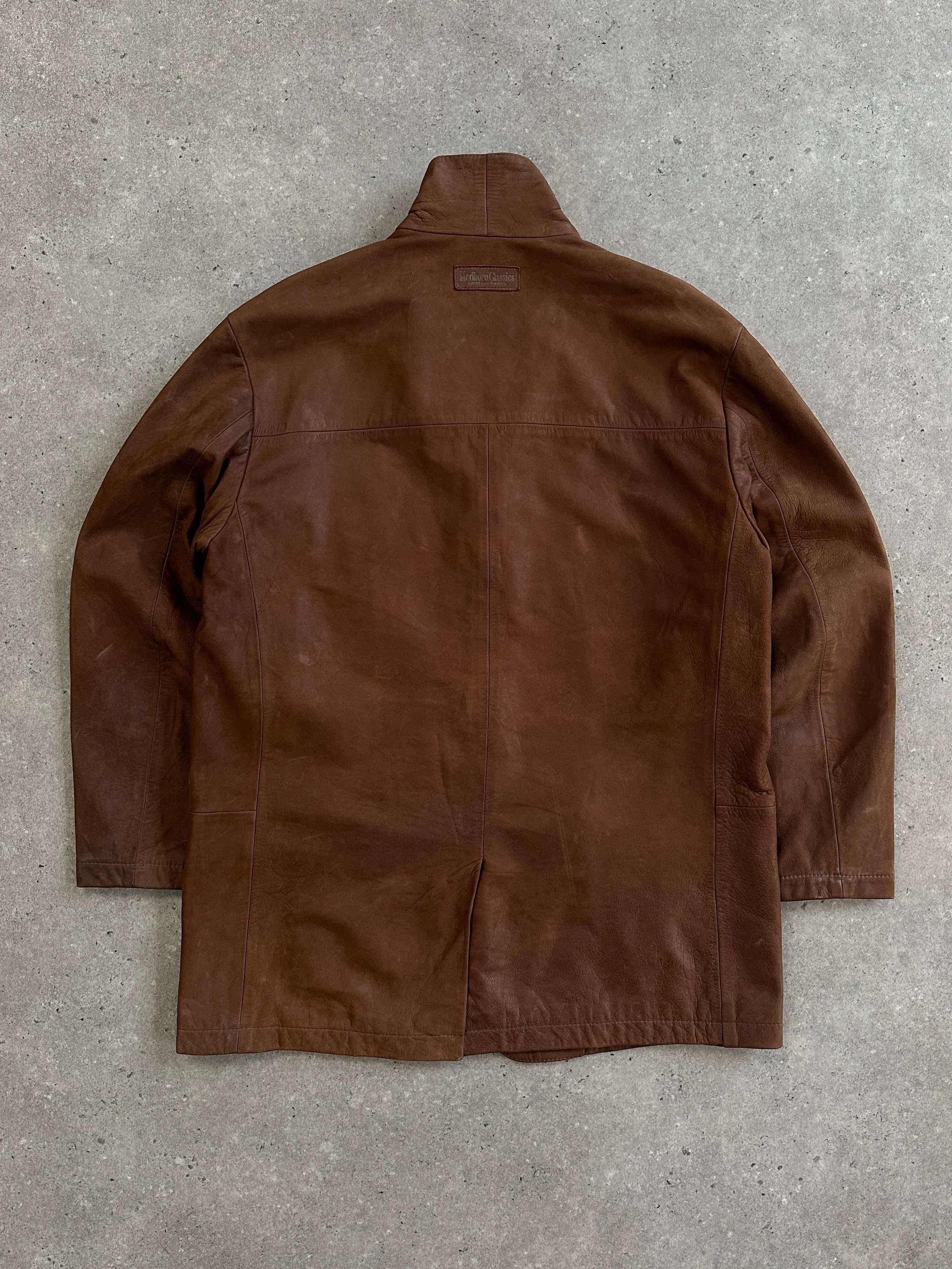 Marlboro Classics 1990s leather jacket in large/extra-large, black with classic design and detailed stitching.