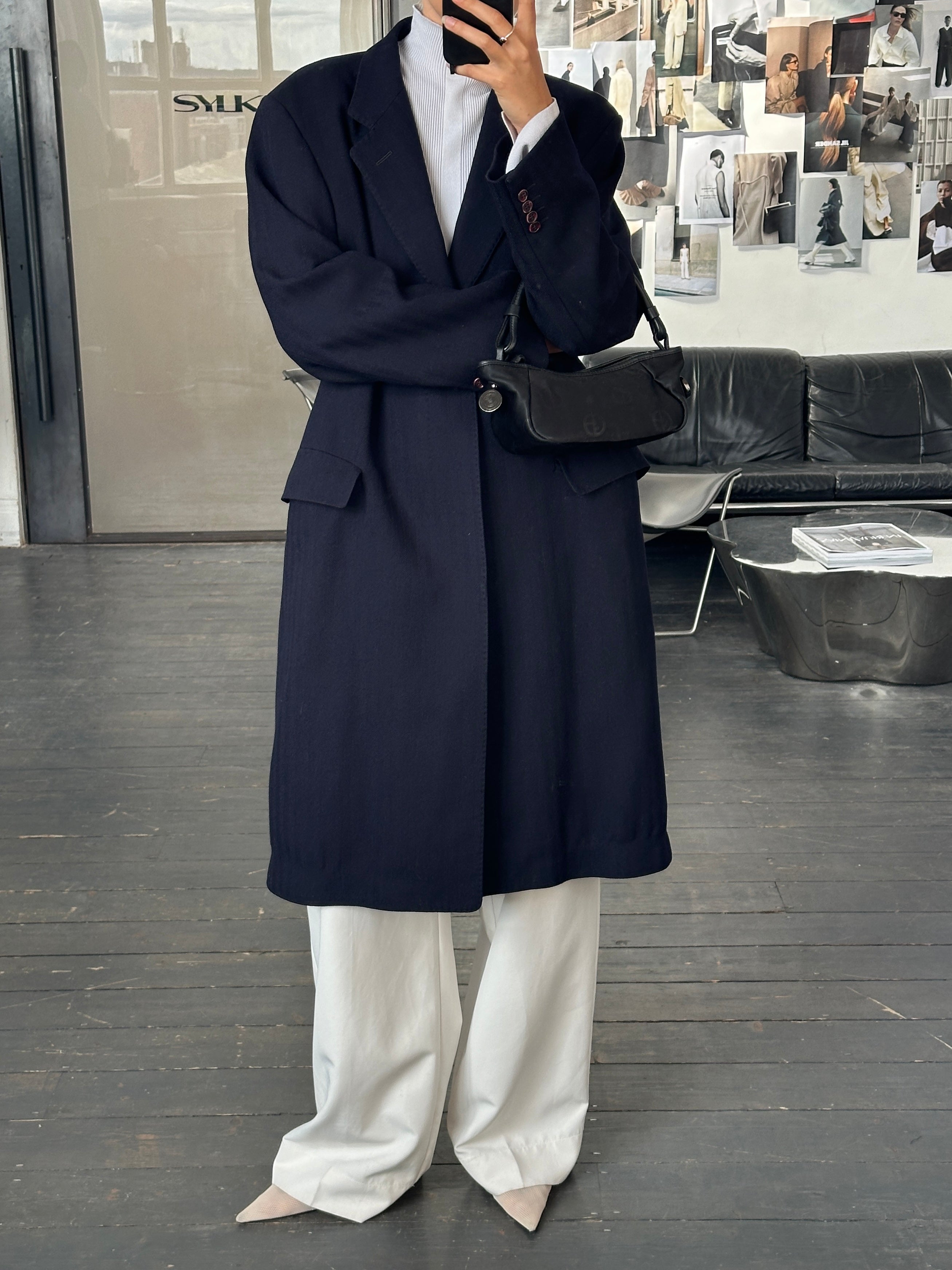 Christian Dior 1990s pure wool coat with concealed placket, oversized XL fit, shown on a neutral background.