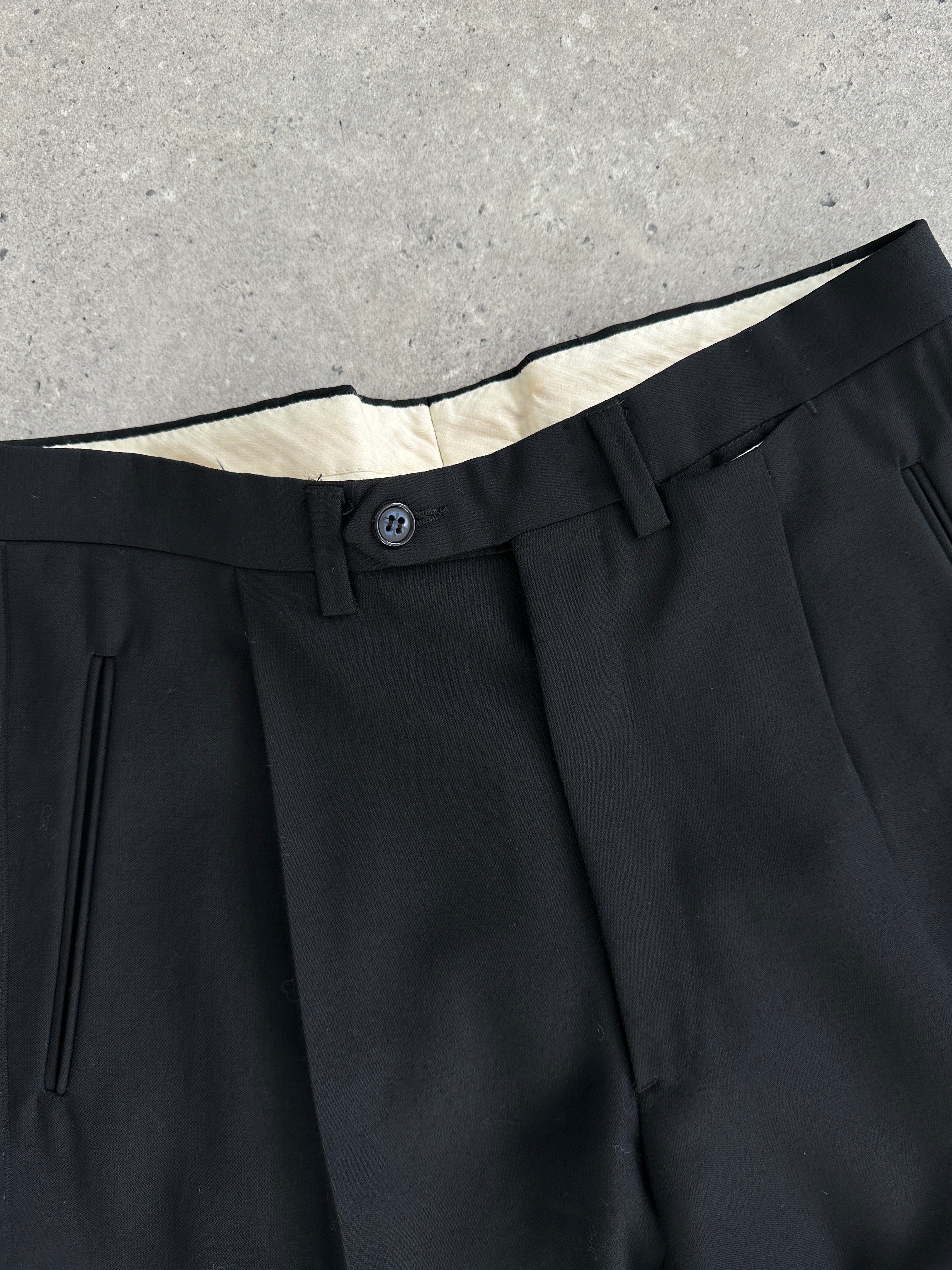 Vintage wool tuxedo trousers with straight leg fit in size W28, classic formal style and tailored design.