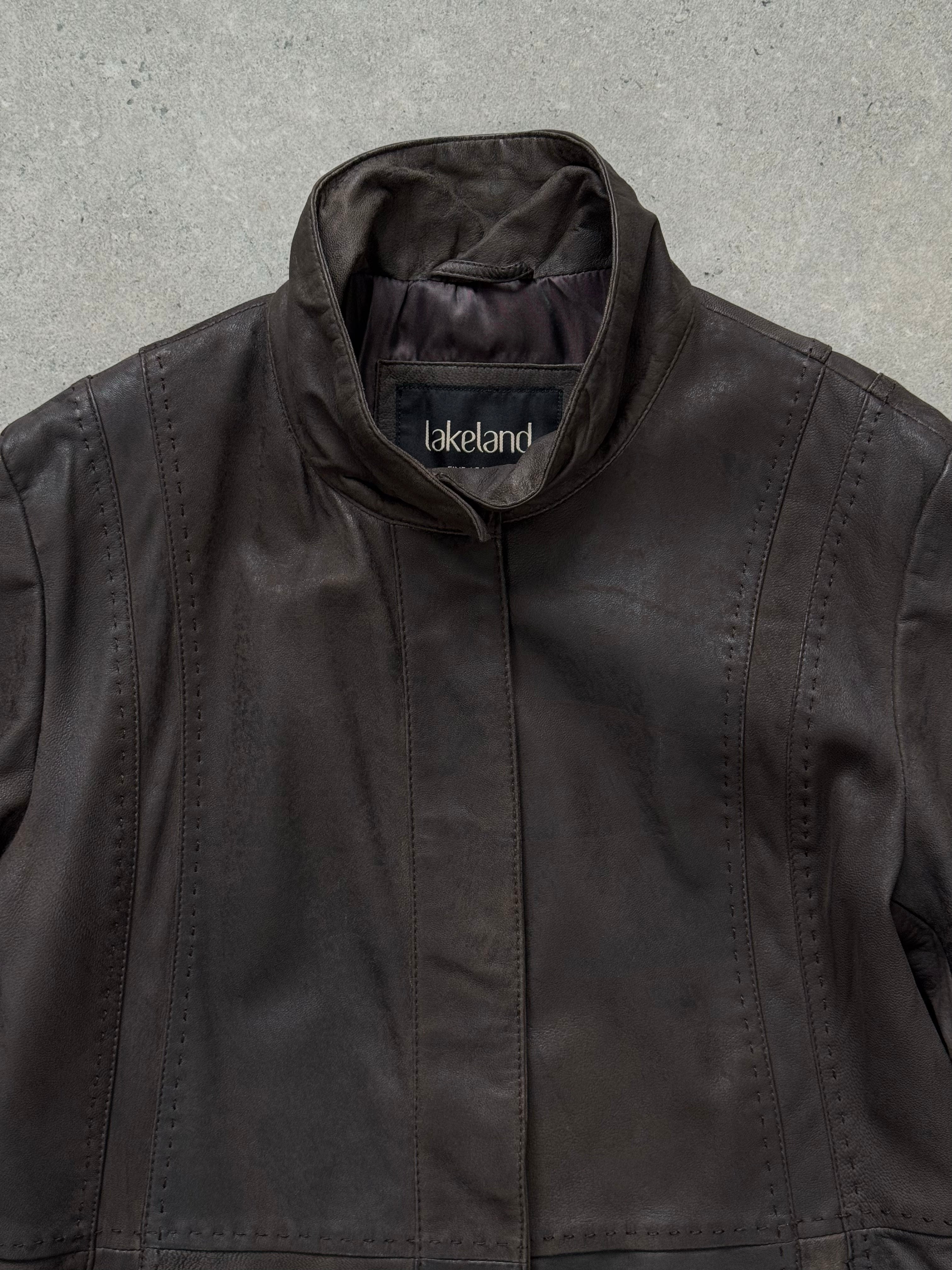 Vintage 1990s leather high neck jacket, size small, featuring classic high collar and distressed leather texture.
