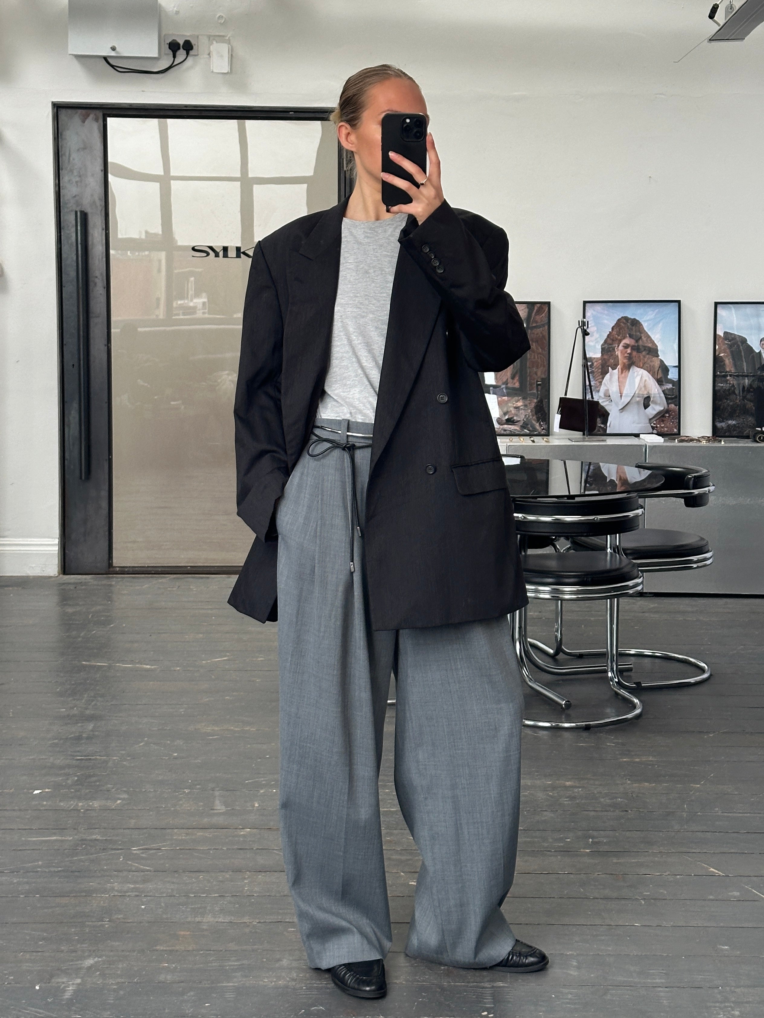 Yves Saint Laurent Pour Homme 1990s wool double-breasted blazer in size 44R/XXL, dark tailored jacket with classic lapels.
