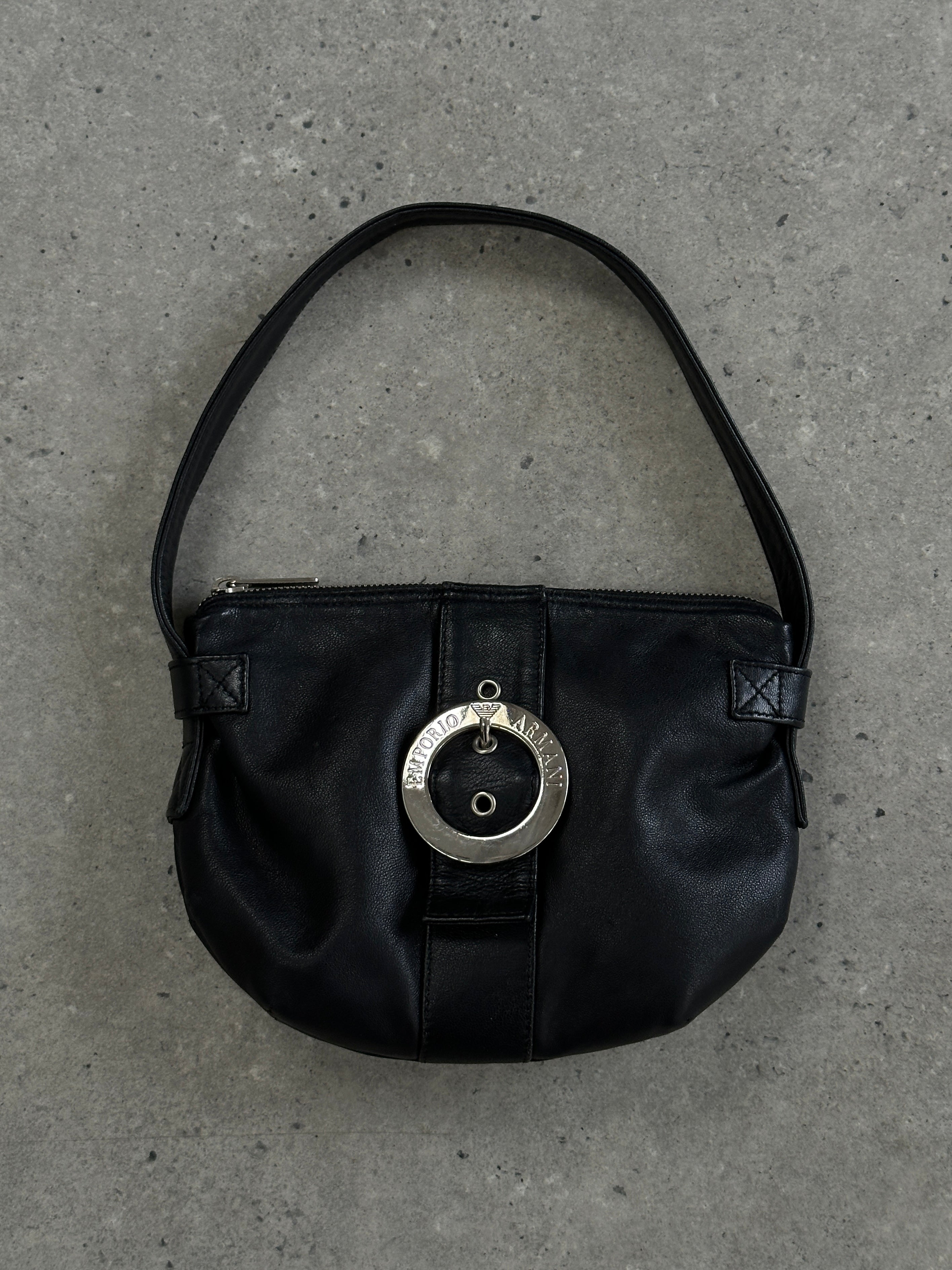 Emporio Armani leather shoulder bag with sleek design, featuring adjustable strap and subtle logo detailing.