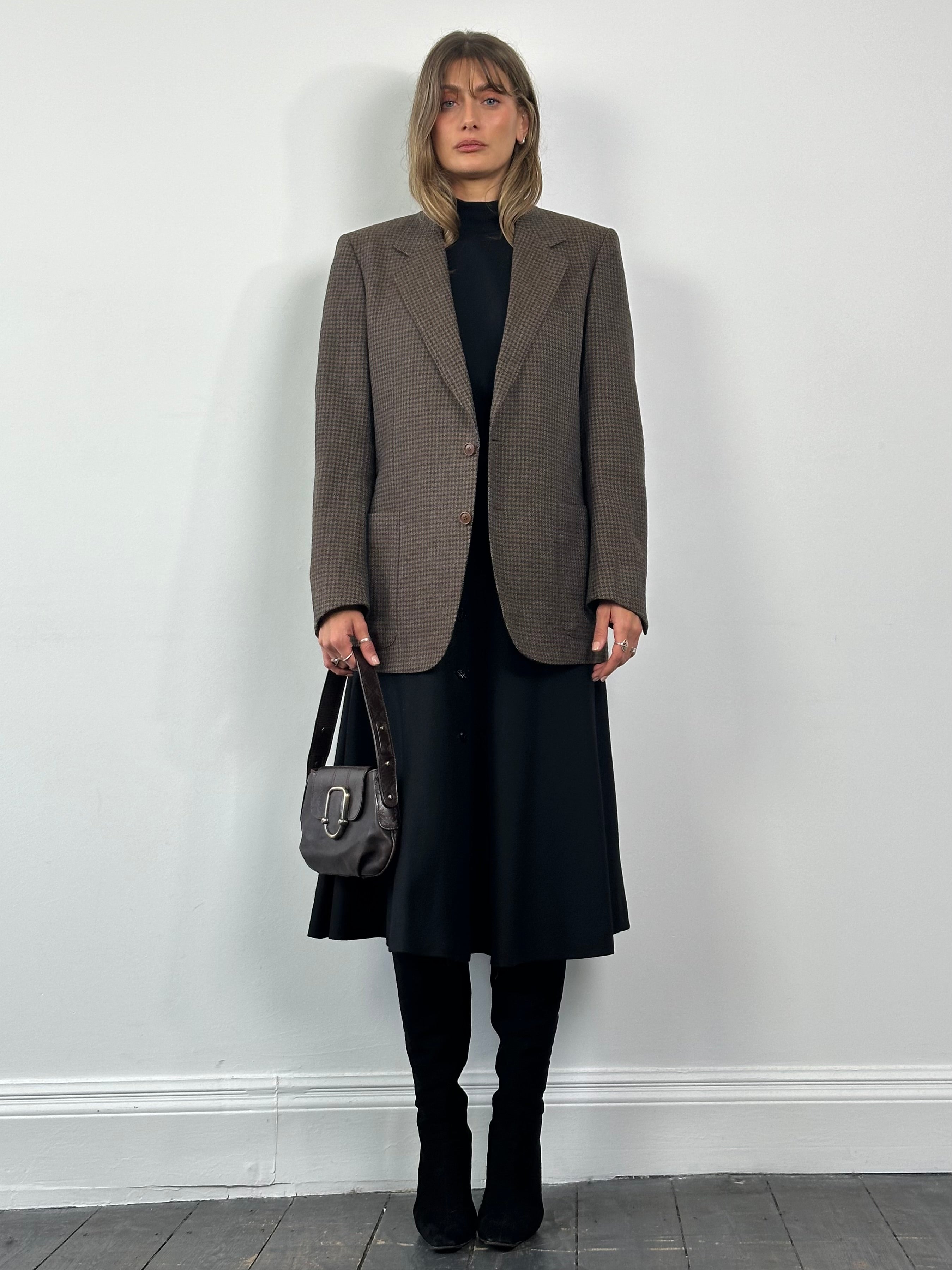 Yves Saint Laurent 80s wool tweed single-breasted blazer in size L, featuring classic tailored fit and stylish plaid pattern.