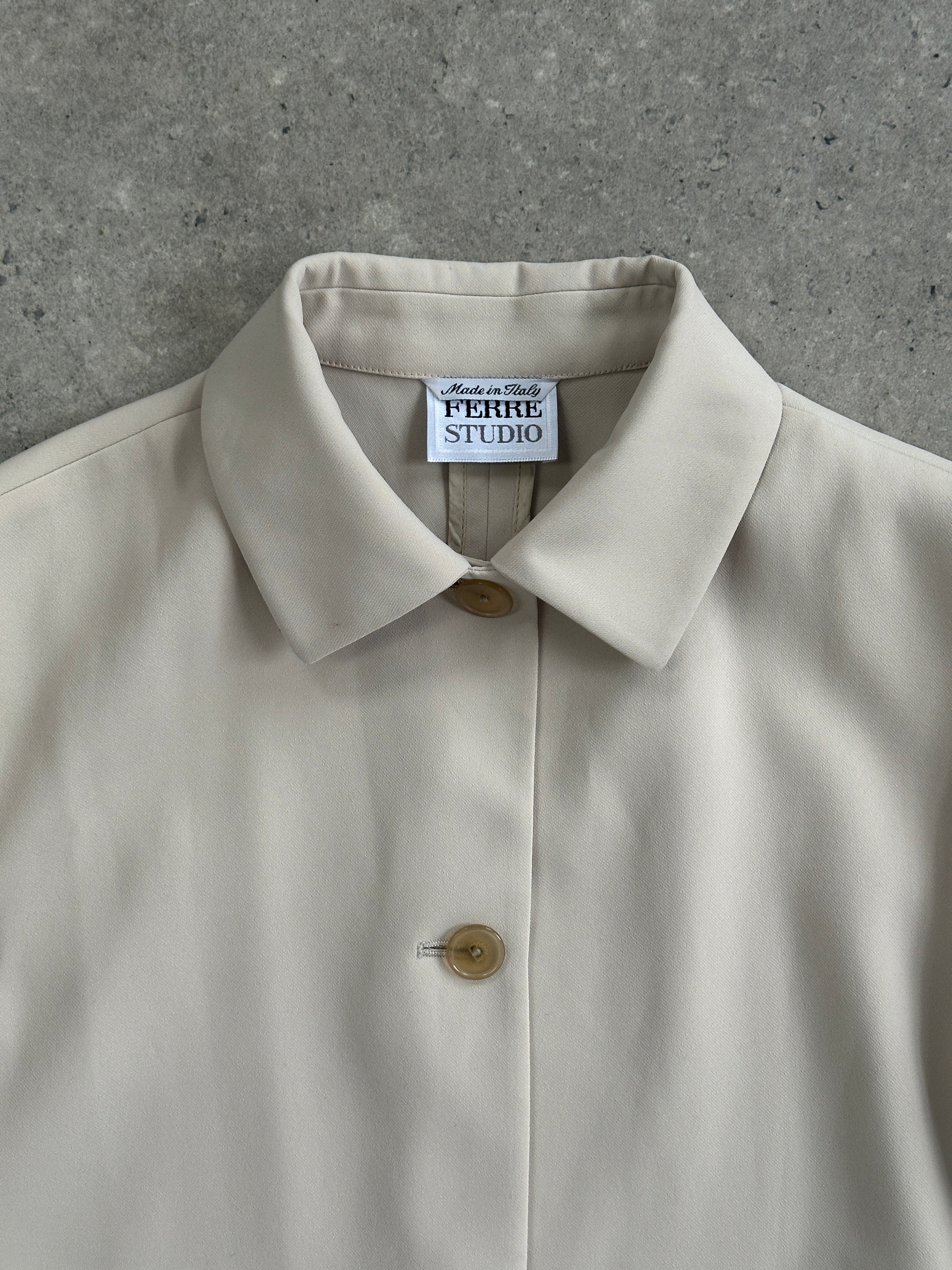 Gianfranco Ferre tailored shirt jacket in black, S/M, featuring a classic collar, button front, and structured fit.
