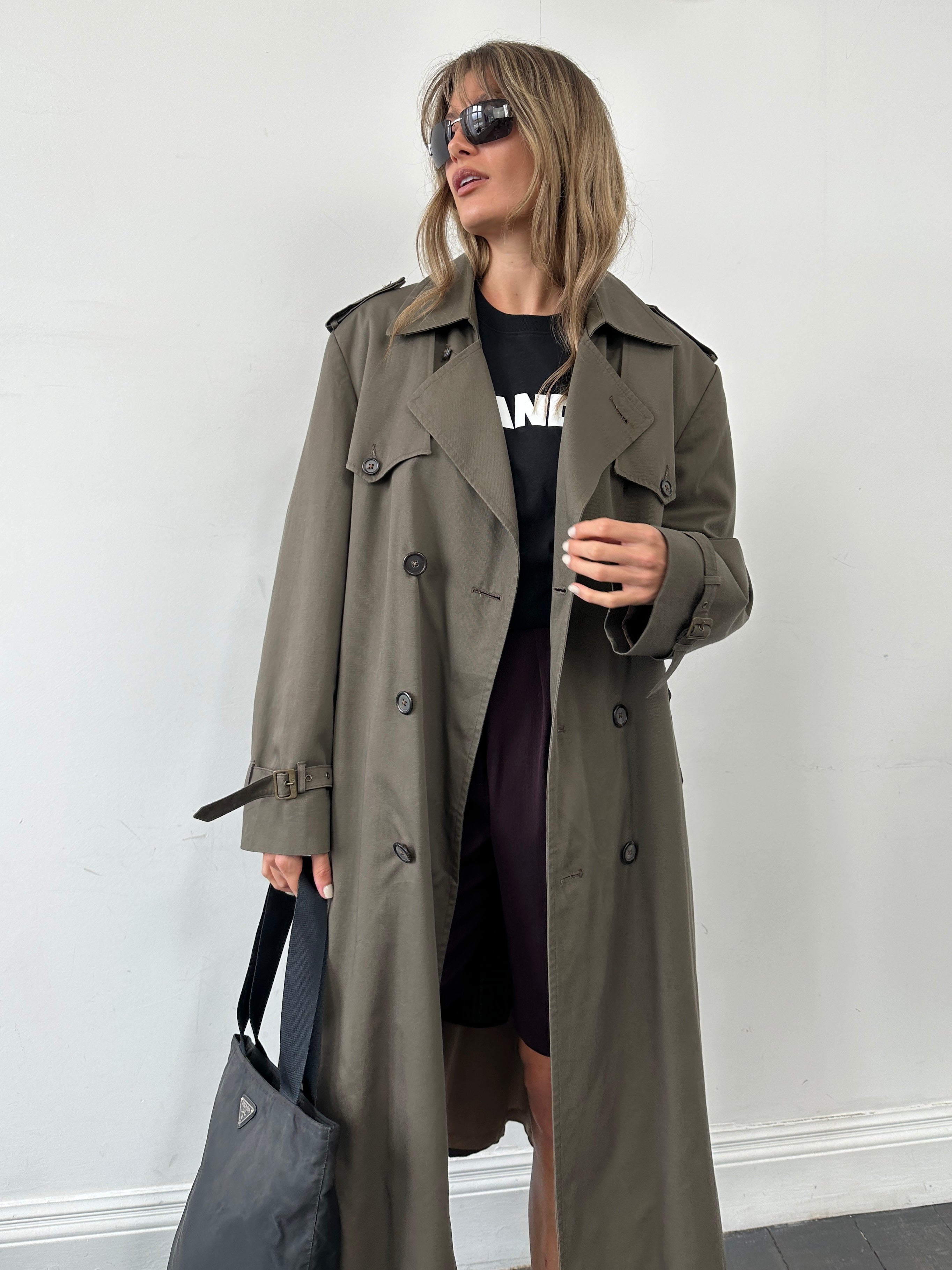 Christian Dior Monsieur cotton double-breasted belted trench coat in XL, showing the classic beige color and tailored fit.