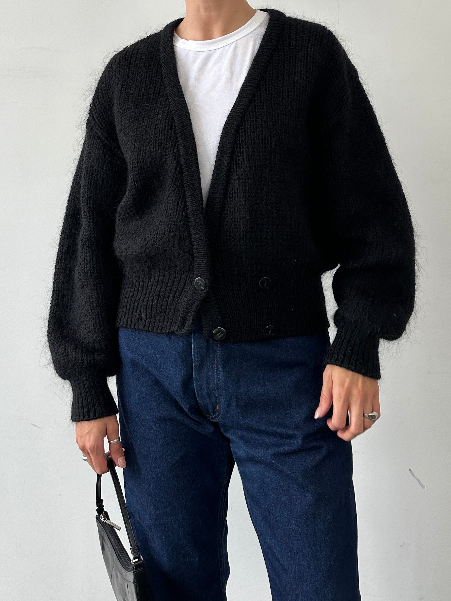 St Michael British 90s mohair double-breasted cardigan in M/L, showcasing the soft fabric and classic design with buttons and lapels.