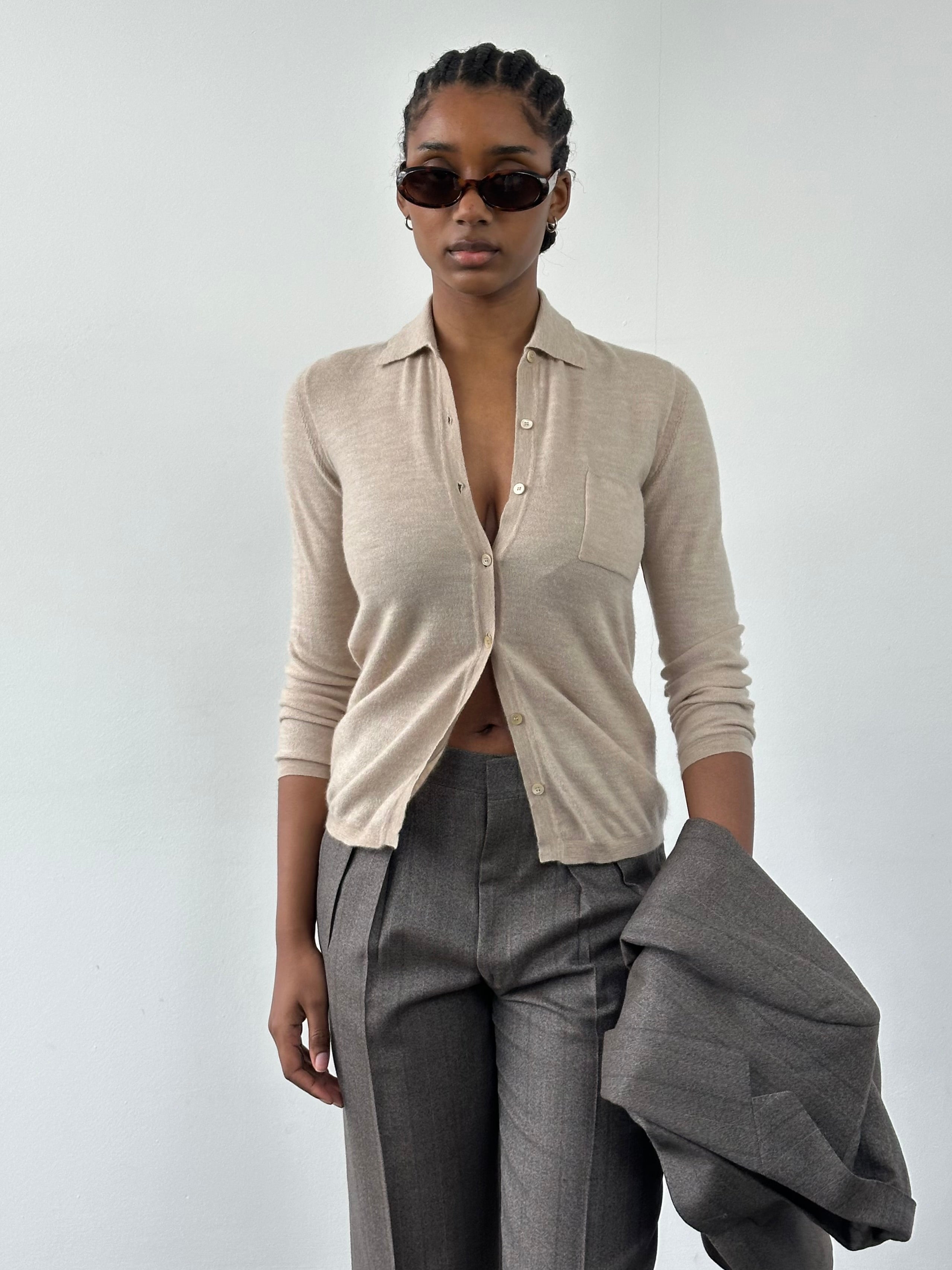 Burberry Prorsum AW2014 pure wool cardigan in size S, featuring classic design and tailored fit, displayed on a neutral background.