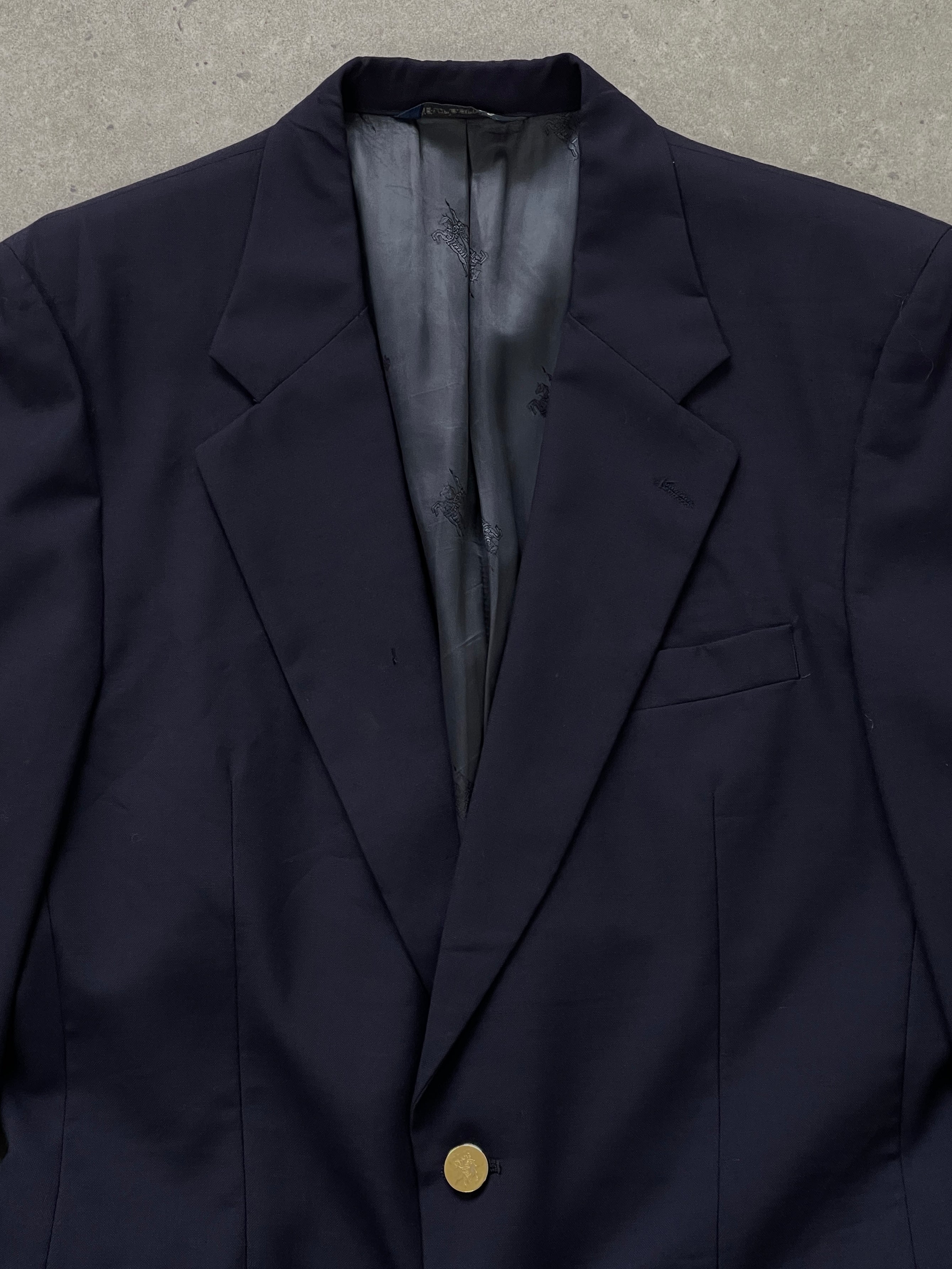 Burberry 1980s bespoke pure wool blazer in size 38R/M, shown on a hanger with classic tailored fit and beige color.