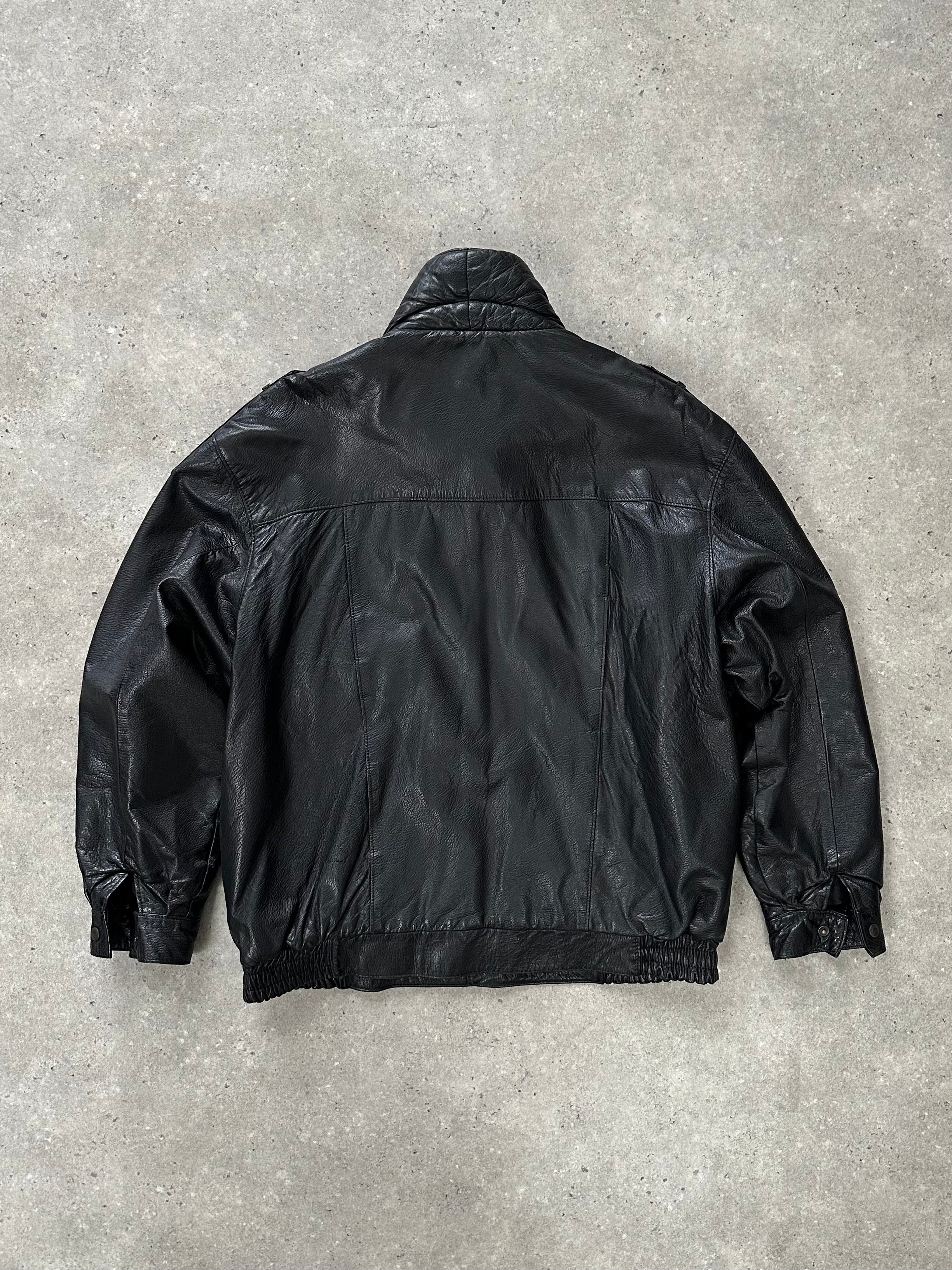 St Michael 1980s high neck leather bomber jacket in XL, black with quilted detailing and ribbed cuffs, front zipper closure.