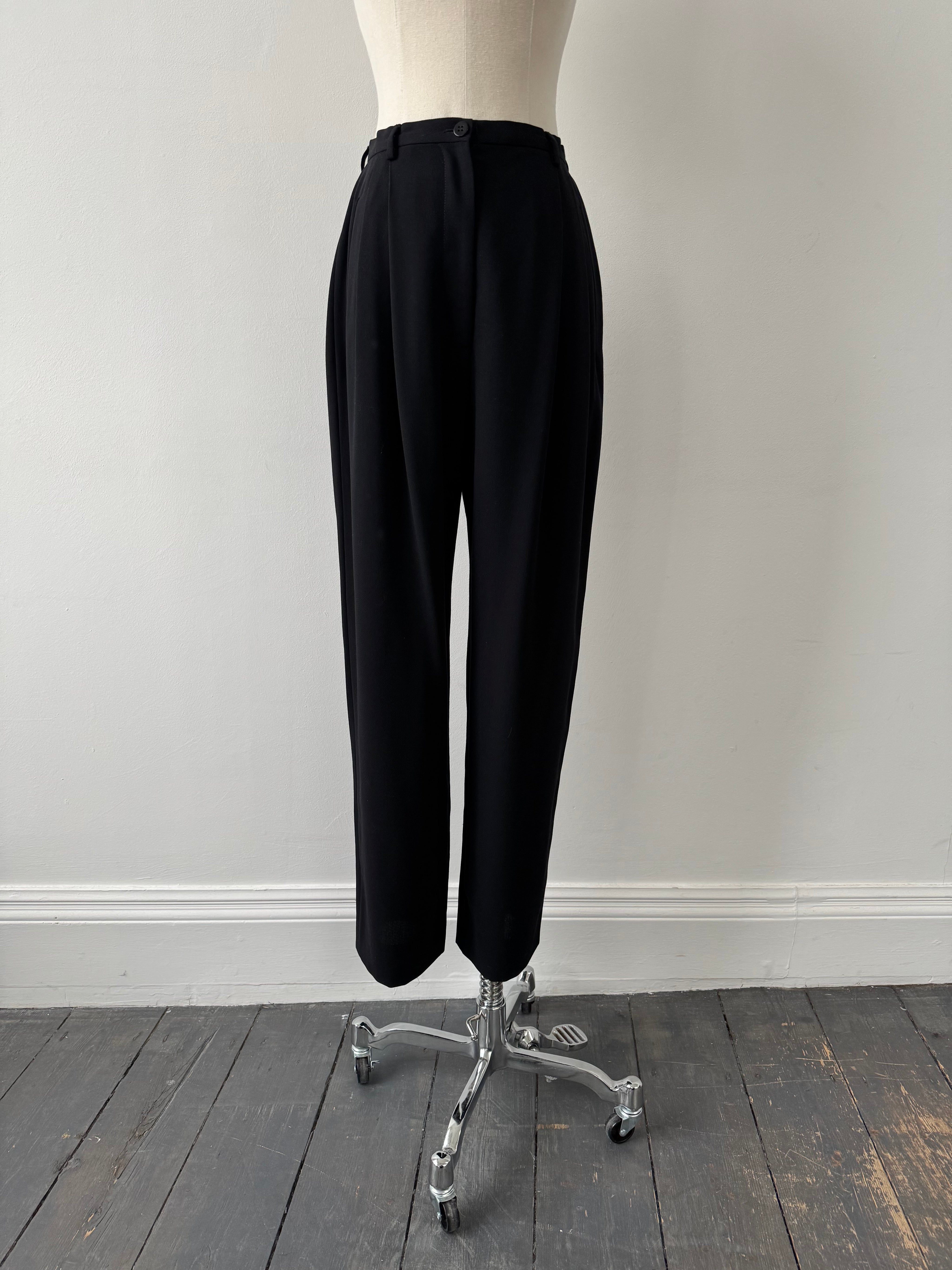 Giorgio Armani 1990s wool straight-leg tailored trousers in black, W24, featuring classic tailored design and sleek fit.