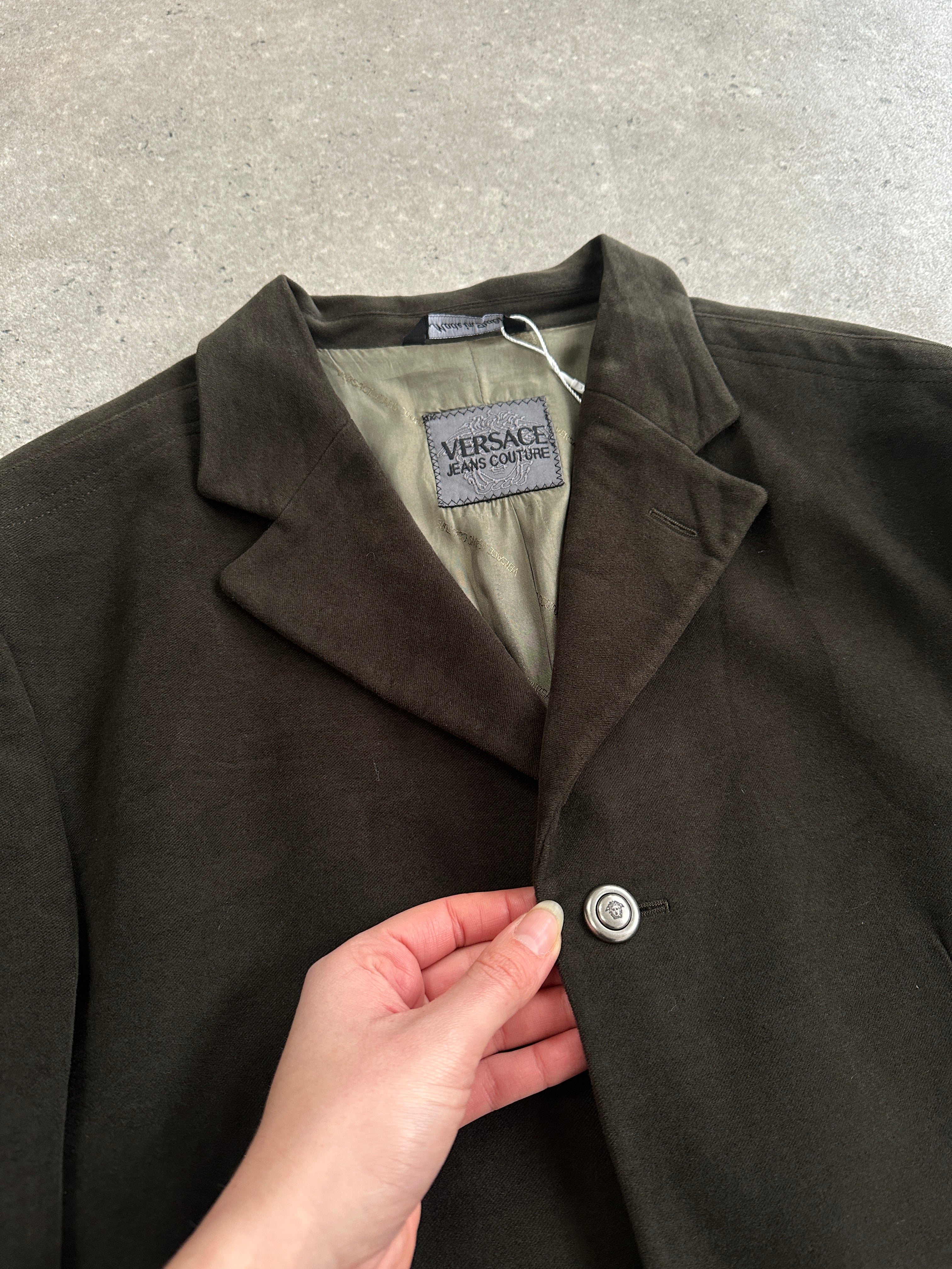Versace Jeans Couture pure cotton blazer with Medusa button detail, tailored fit in size 40R/L, styled for a sophisticated look