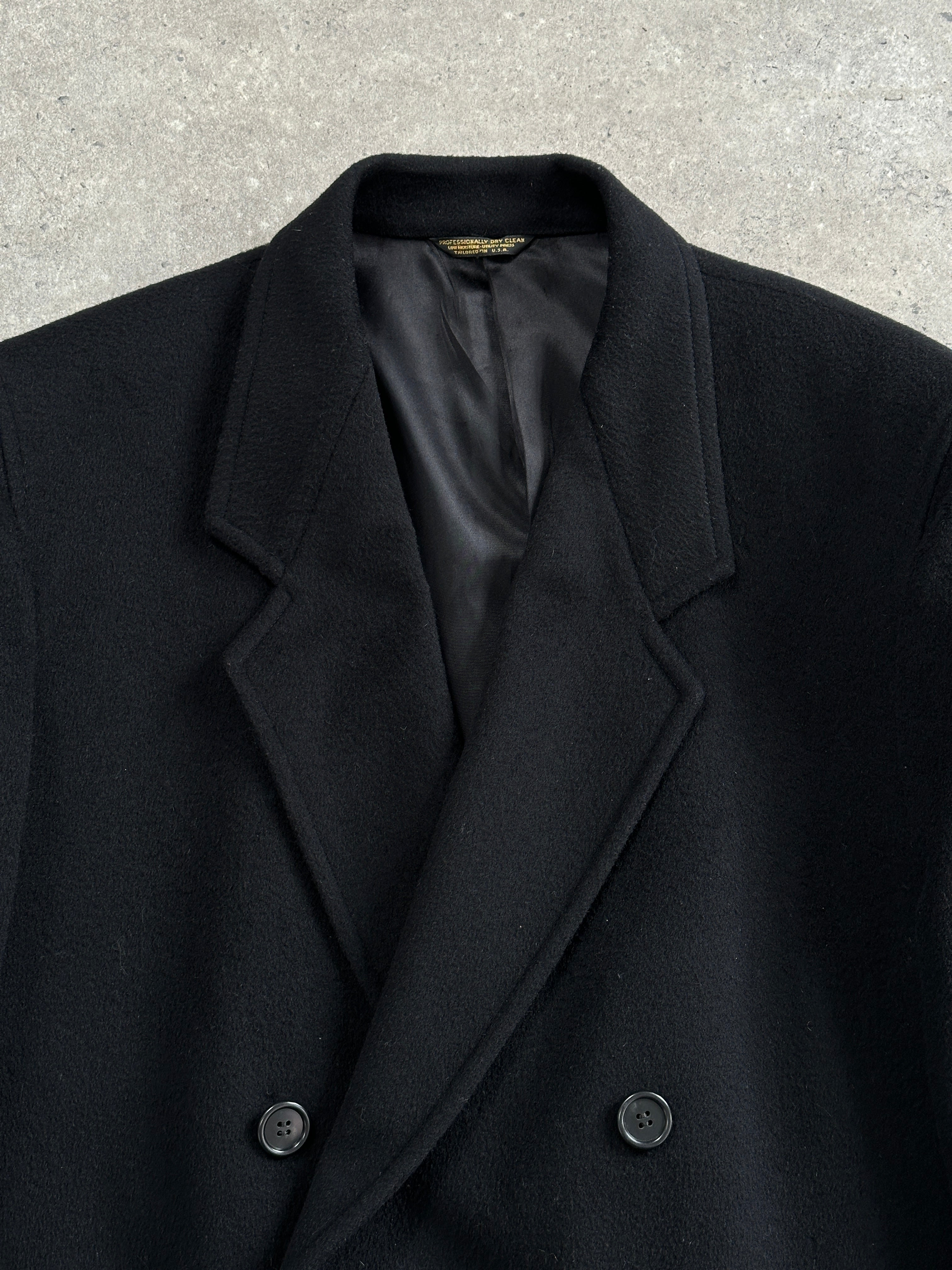Pierre Cardin 1990s double-breasted pure wool coat in XXL, front view showing classic tailored design and dark color.