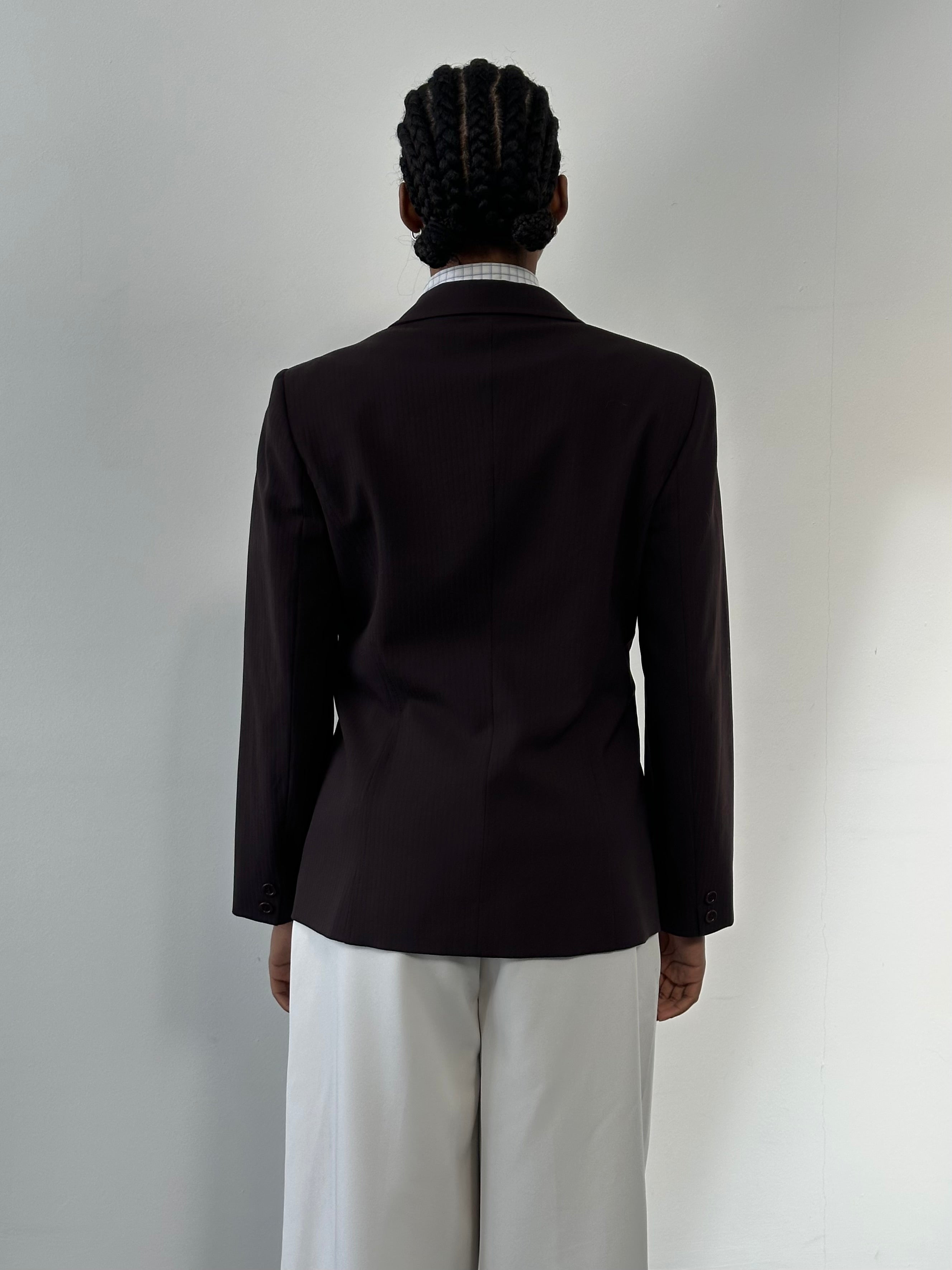 Marella 2000s wool single-breasted blazer in size small, tailored fit with notch lapel and classic design, displayed on a hanger.