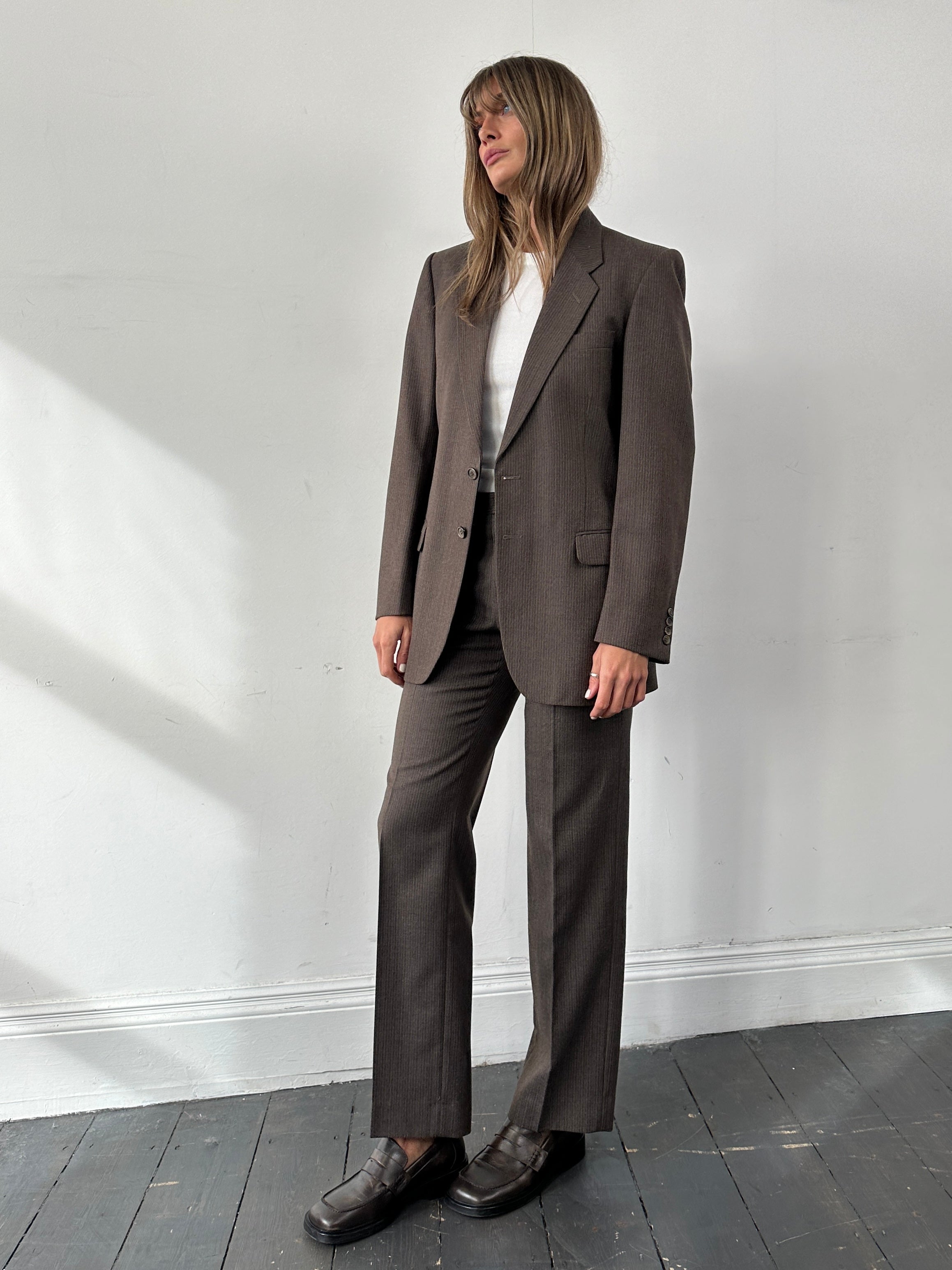 St Michael pinstripe worsted wool single-breasted suit jumpsuit in size 38R/W30, displayed with tailored fit and classic design.
