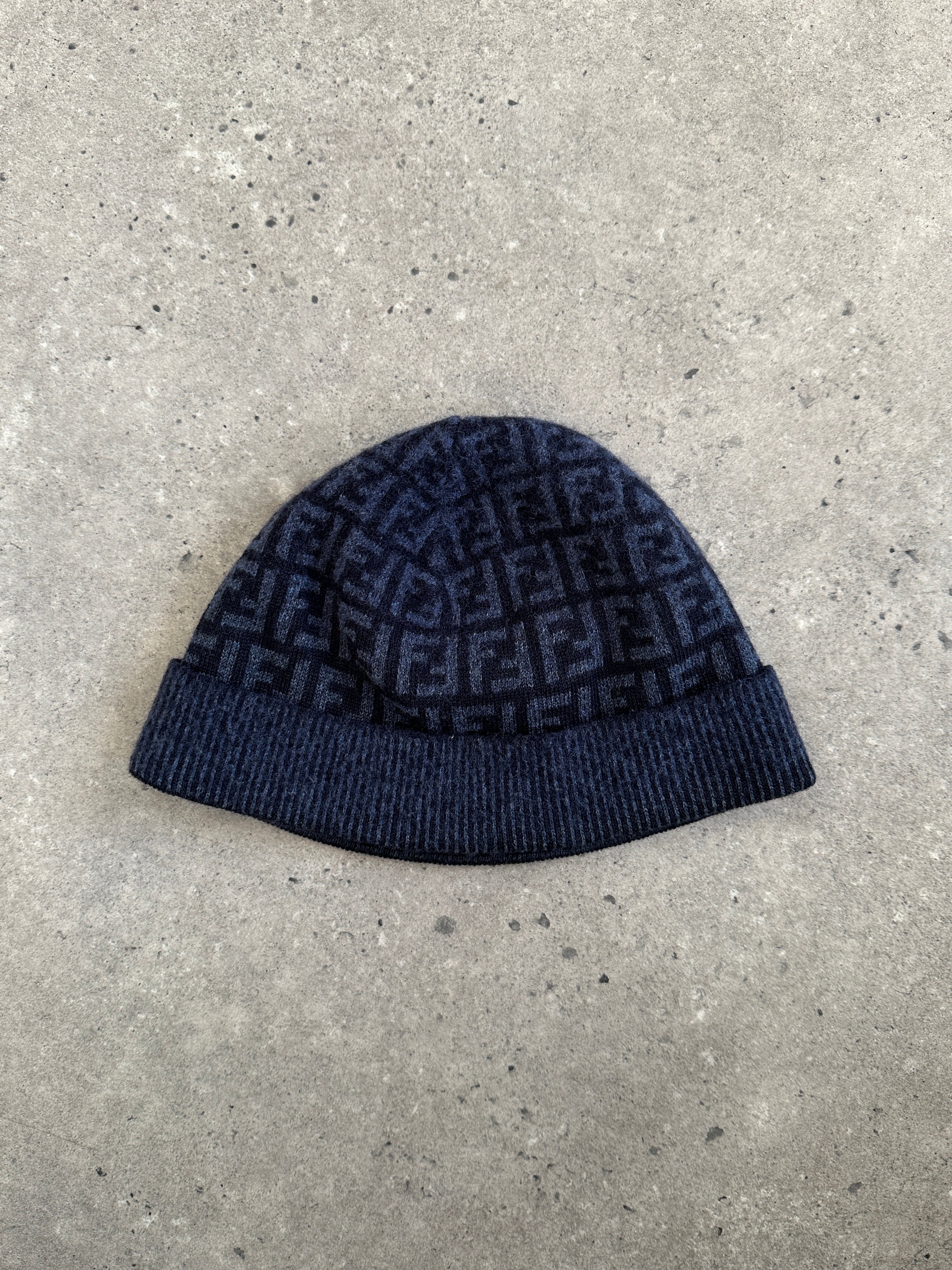 Fendi FF monogram print beanie hat in soft knit fabric, featuring the iconic Fendi logo pattern and a snug fit.