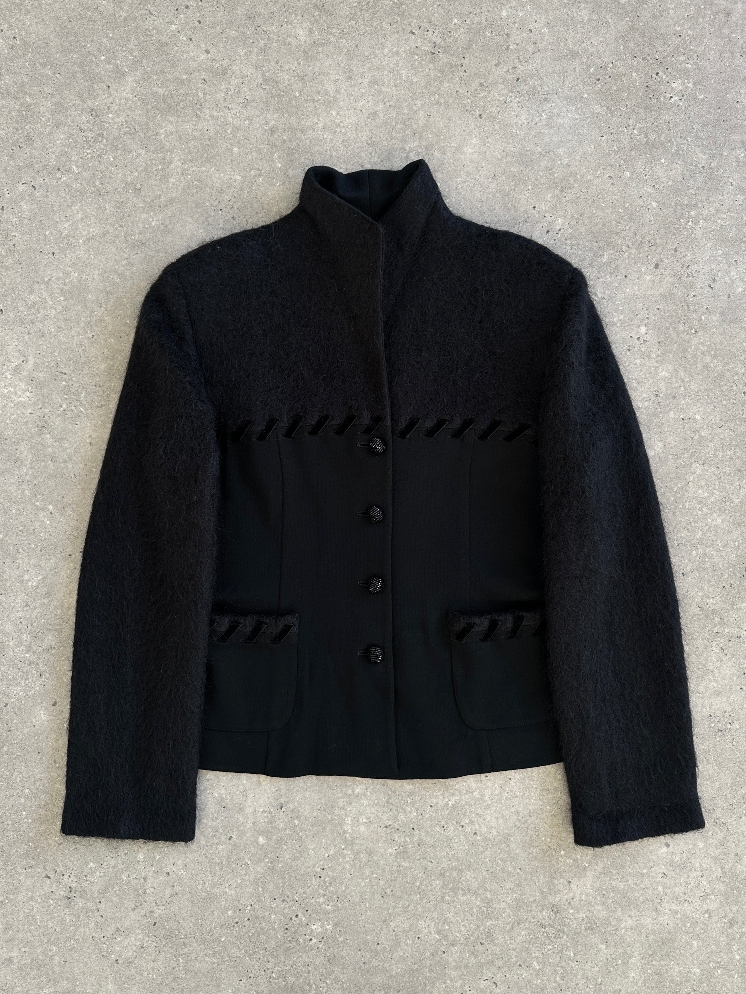 Vintage Italian 1990s mohair wool contrast panel jacket, size M, featuring a stylish retro design and textured fabric.